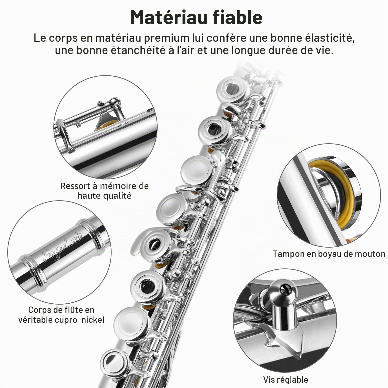 POGOLAB Flûte Traversière, Flûte C à Plateaux Ouverts, Sol Décalé, Flûte en Nickel Plaqué Argent, avec Étui Rigide/Kit de Nettoyage, pour Groupe de Musique Scolaire