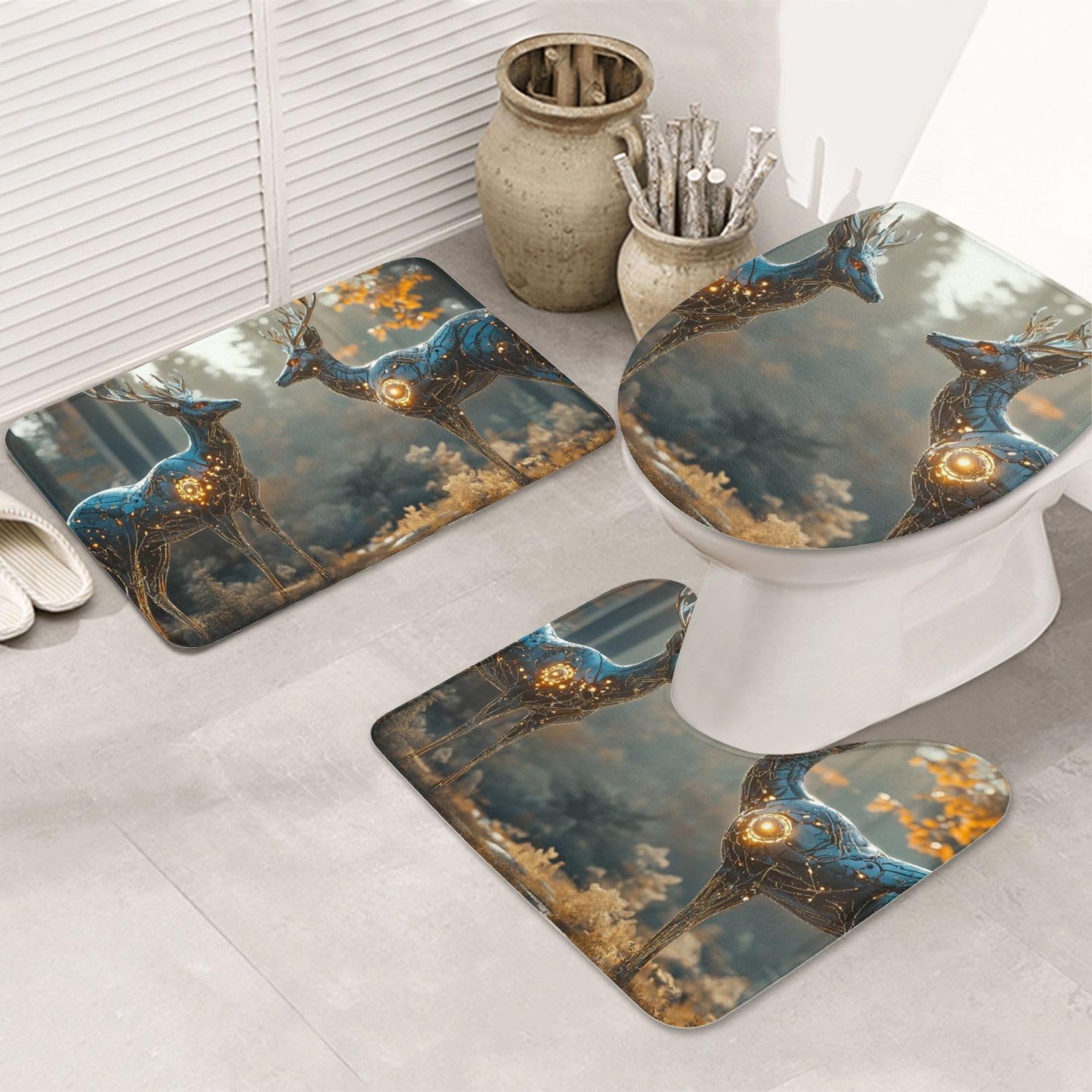 Set di 2 tappeti da bagno in metallo con alce, 3 pezzi, morbidi tappetini da bagno assorbenti in memory foam e tappetino da bagno a forma di U, decorazione per la casa, asciugatura rapida