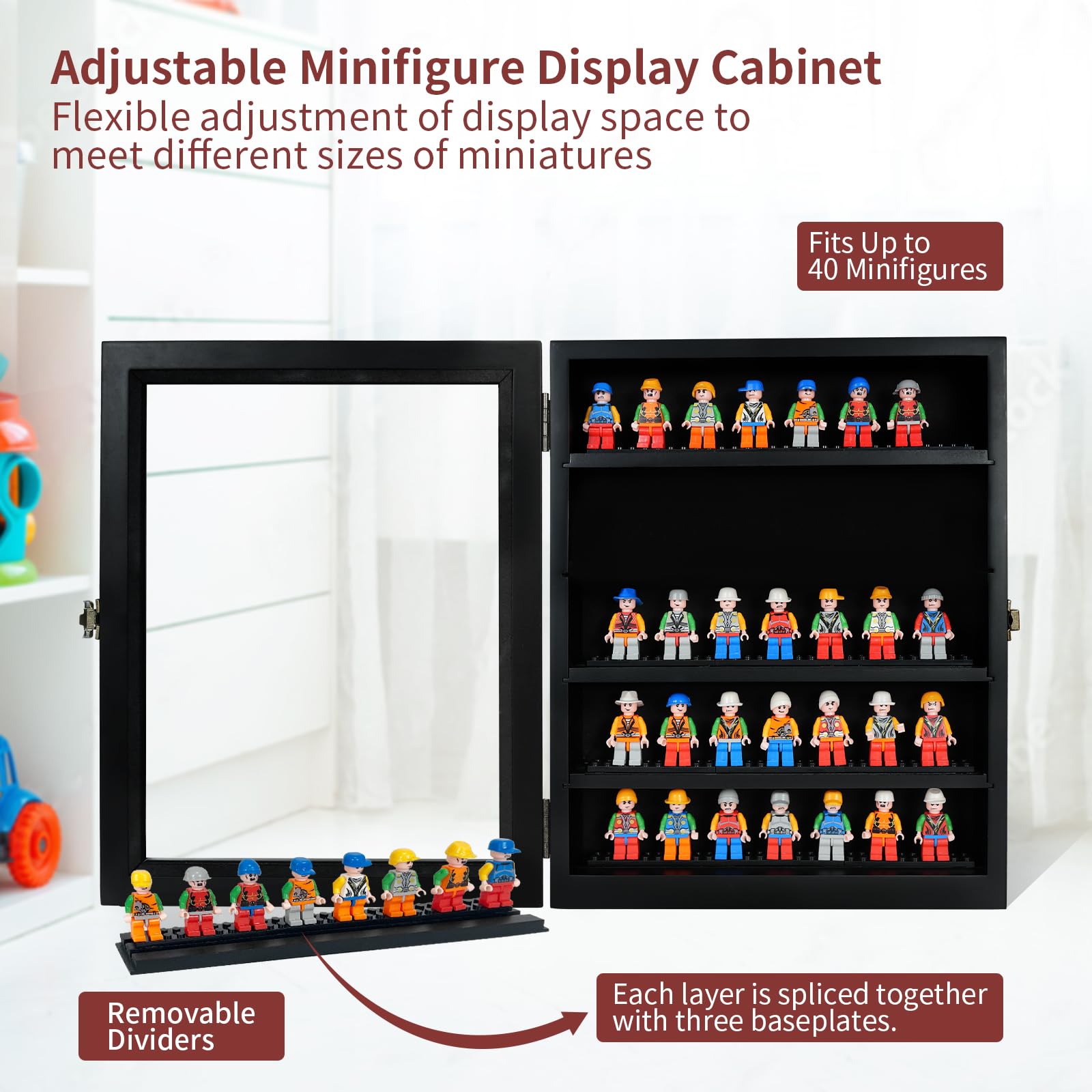 Minifigure Display Case for Lego Display Case, Miniature Display Case with HD Tempered Glass and Removable Shelves, Action Figure Display Case for Wall and Desk Display Door Lockable Black