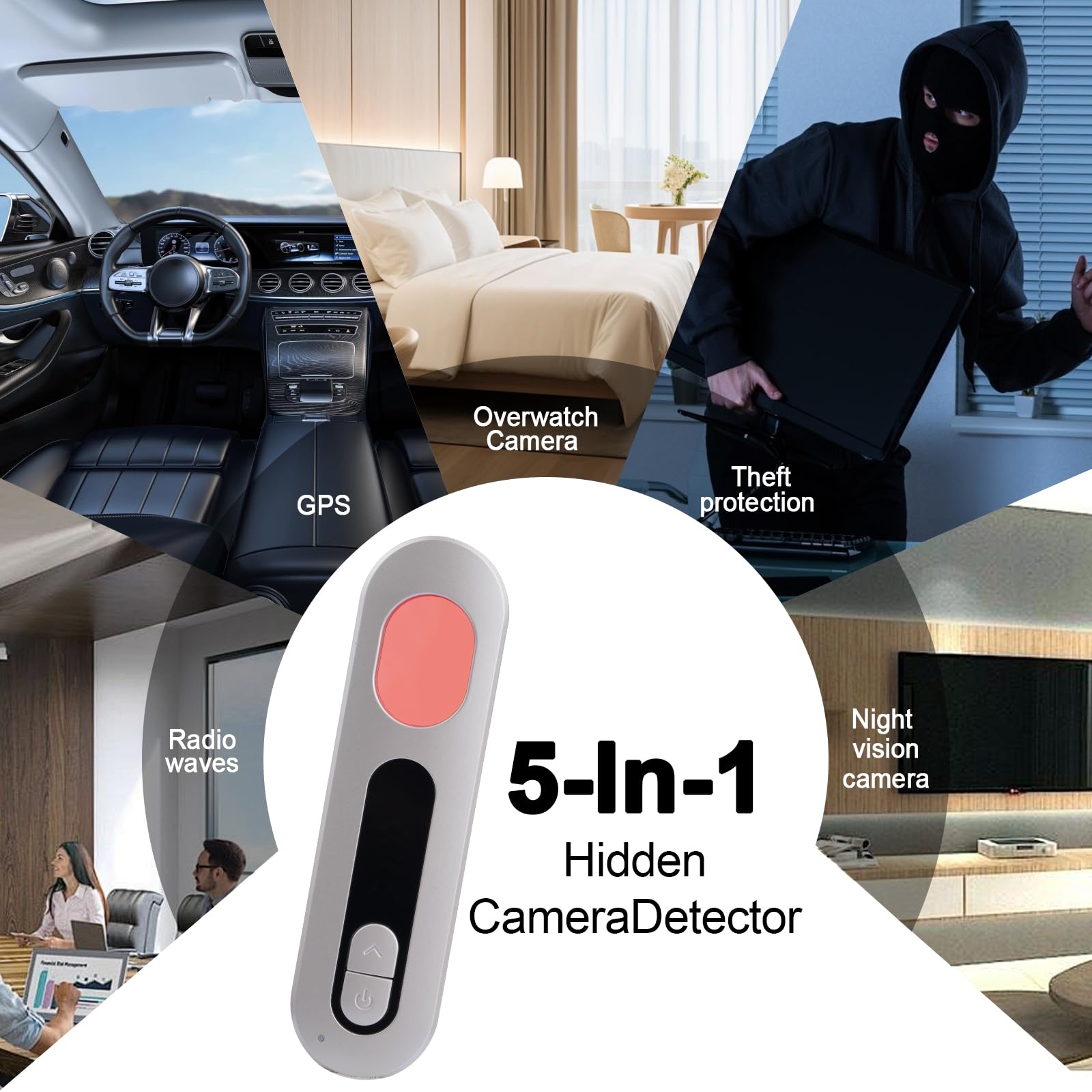 Wanzen Detektor 5-in-1 mit 6 Empfindlichkeitsstufen, Versteckte Kamera Detektor, Mit Display,RF- und GPS-Tracker Finder, Tragbarer Abhörgerät Detektor für Hotel, Büro, Reise