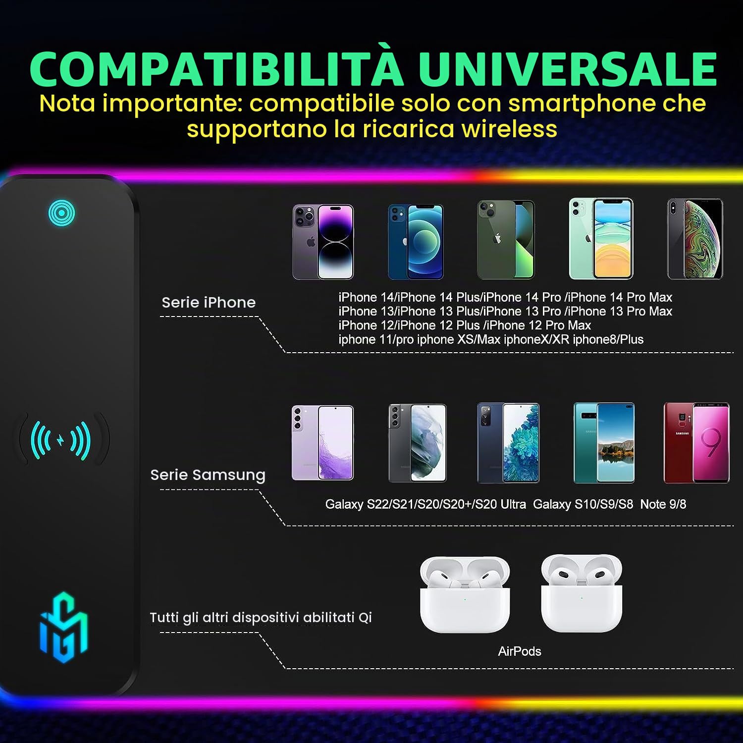 GIM 10 W Wireless Charger Extended RGB Mouse Pad, antiscivolo base in gomma 10 modalità di illuminazione 4 mm ultra spessa per Samsung Galaxy S10/S9/S8 Plus Note 9/8 iPhone 8/X/XR/XS/11/11 Pro