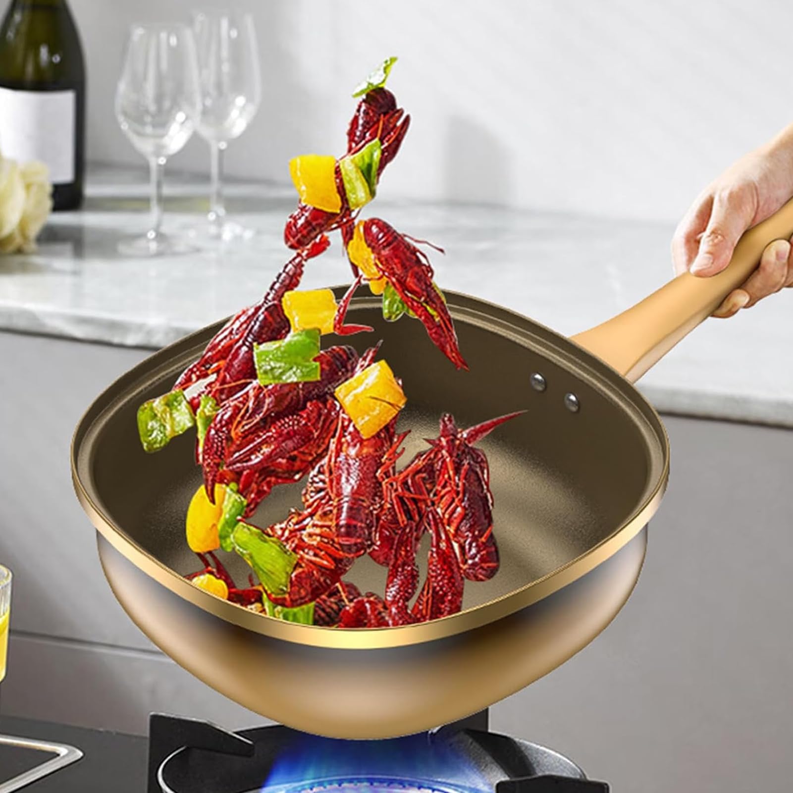 Sartén Antiadherente Sartén y Olla de Titanio Menaje de Cocina | Sartén Antiadherente Con Tapa Menaje de Cocina, Olla para Hogar, Cocina, Camping, Inducción, Eléctrica, Apartamento