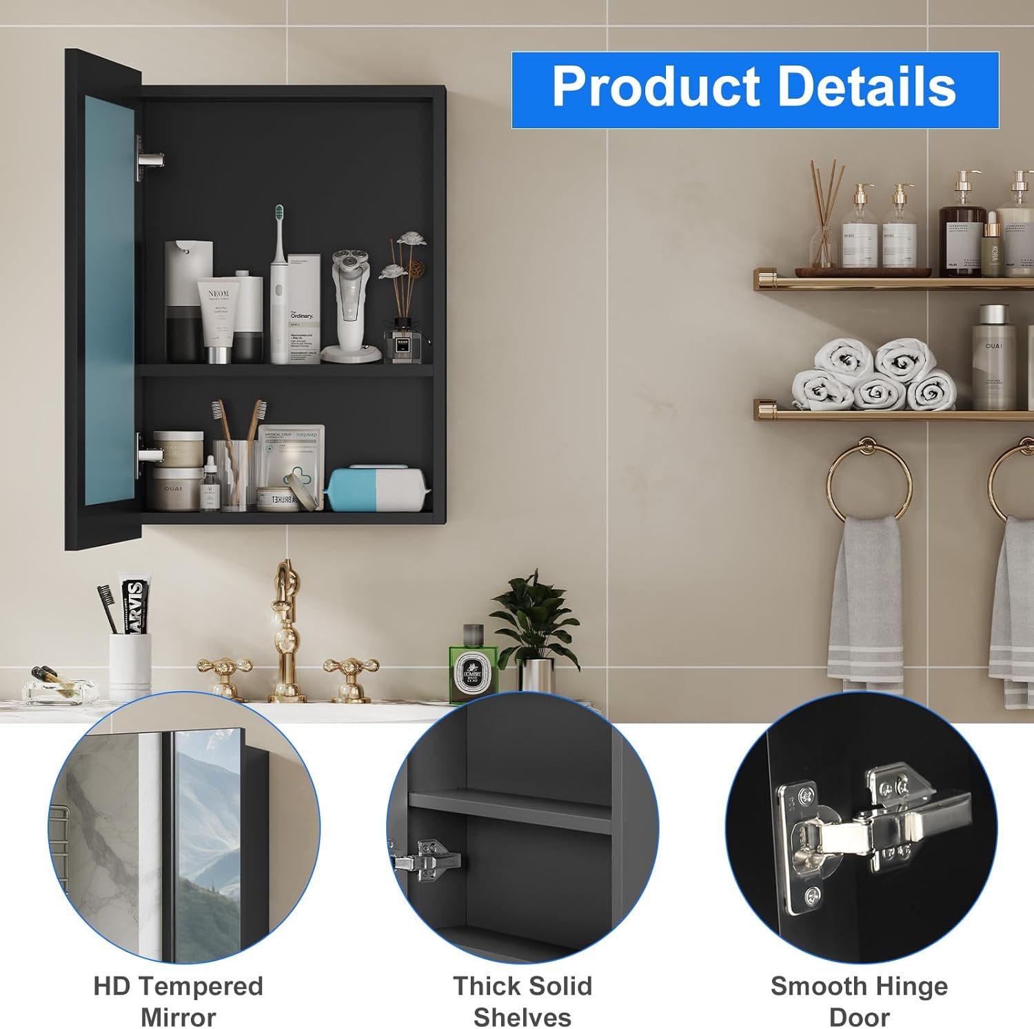 JBLCC Medicine Cabinet with Mirror, 24''x32'' Aluminum Bathroom Mirror with Storage Fully-Assembled, Rustproof & Moistureproof Lightweight Wall Mounted or Recessed Medicine Cabinet Mirror, Black
