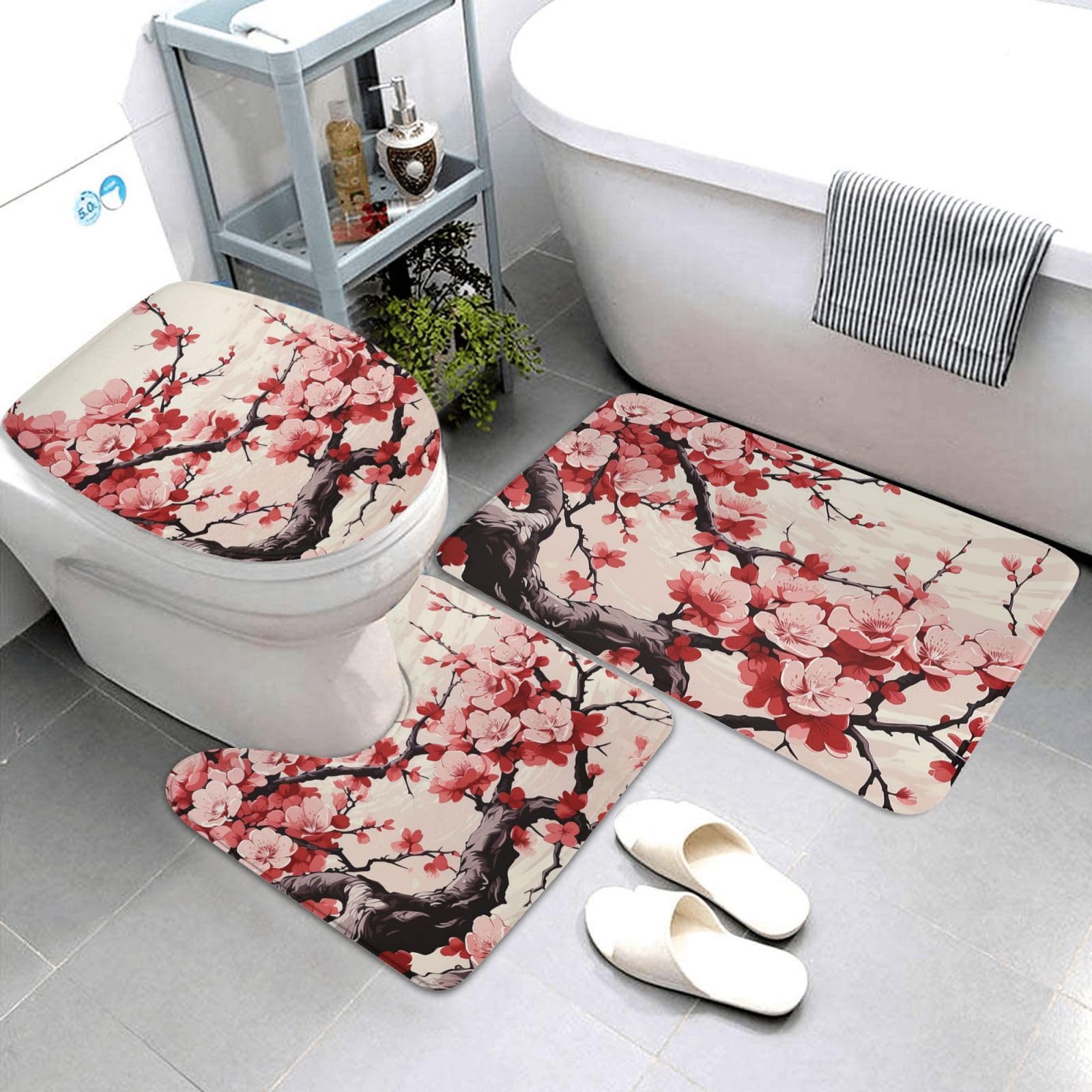 Dwrepo Japanese Floral Cherry Blossom Print Bathroom Rug Set 3 Piece with Non-Slip U-Shaped Contour Mat and Toilet Lid Cover for Bathroom Decoration