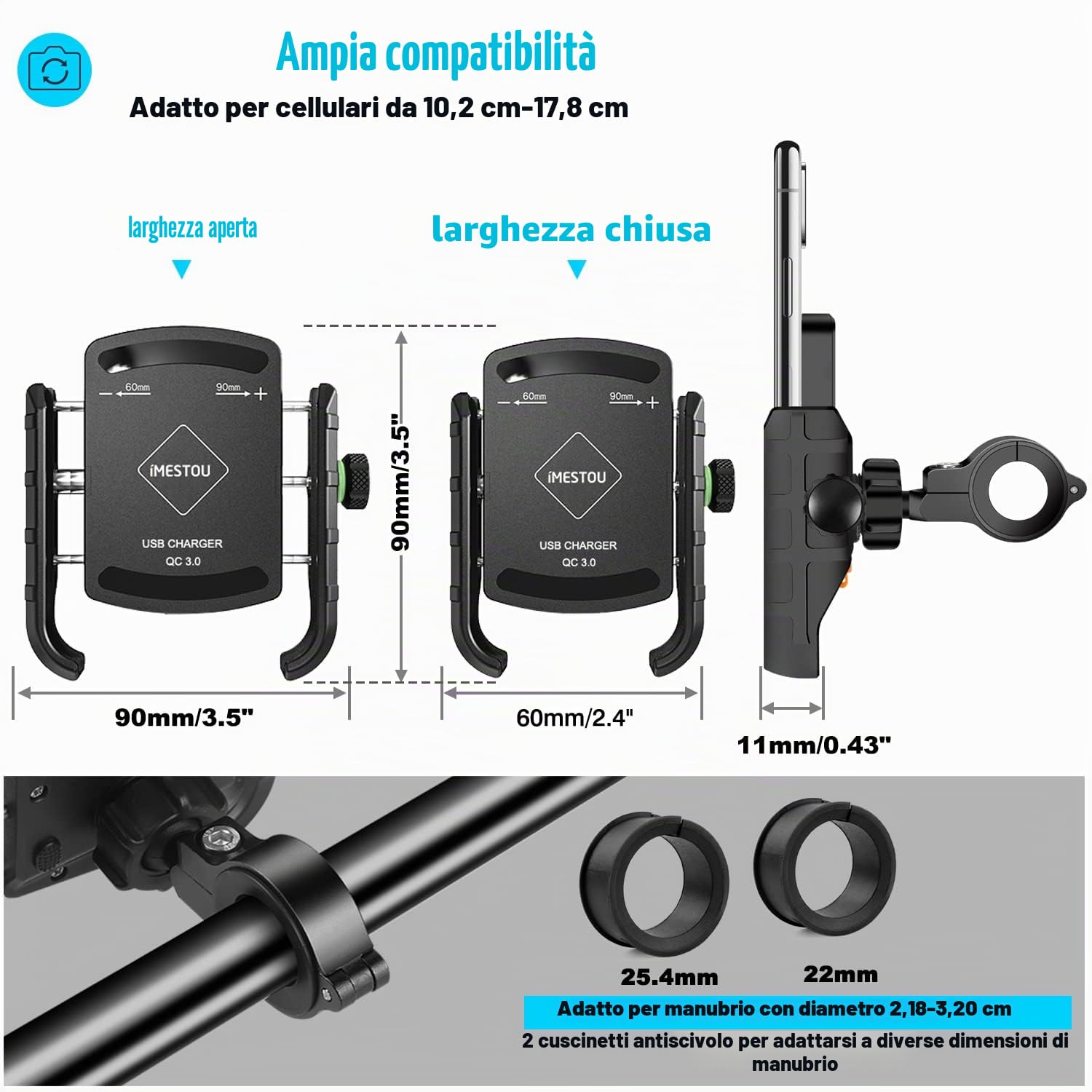 iMESTOU Caricabatterie per Telefoni USB da Moto 3.0A, Manubrio/Supporto per Cellulare Nello Specchietto Retrovisore in Alluminio per Smartphone da 4.0-6.8 Pollici, Funziona con Moto da 12V/24V