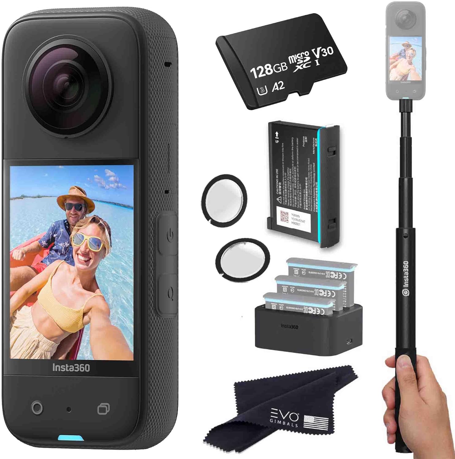 Insta360 X3 - Waterproof 360 Action Camera Bundle Includes Extra Battery, Charger, Invisible Selfie Stick, Lens Guard& 128GB Memory Card