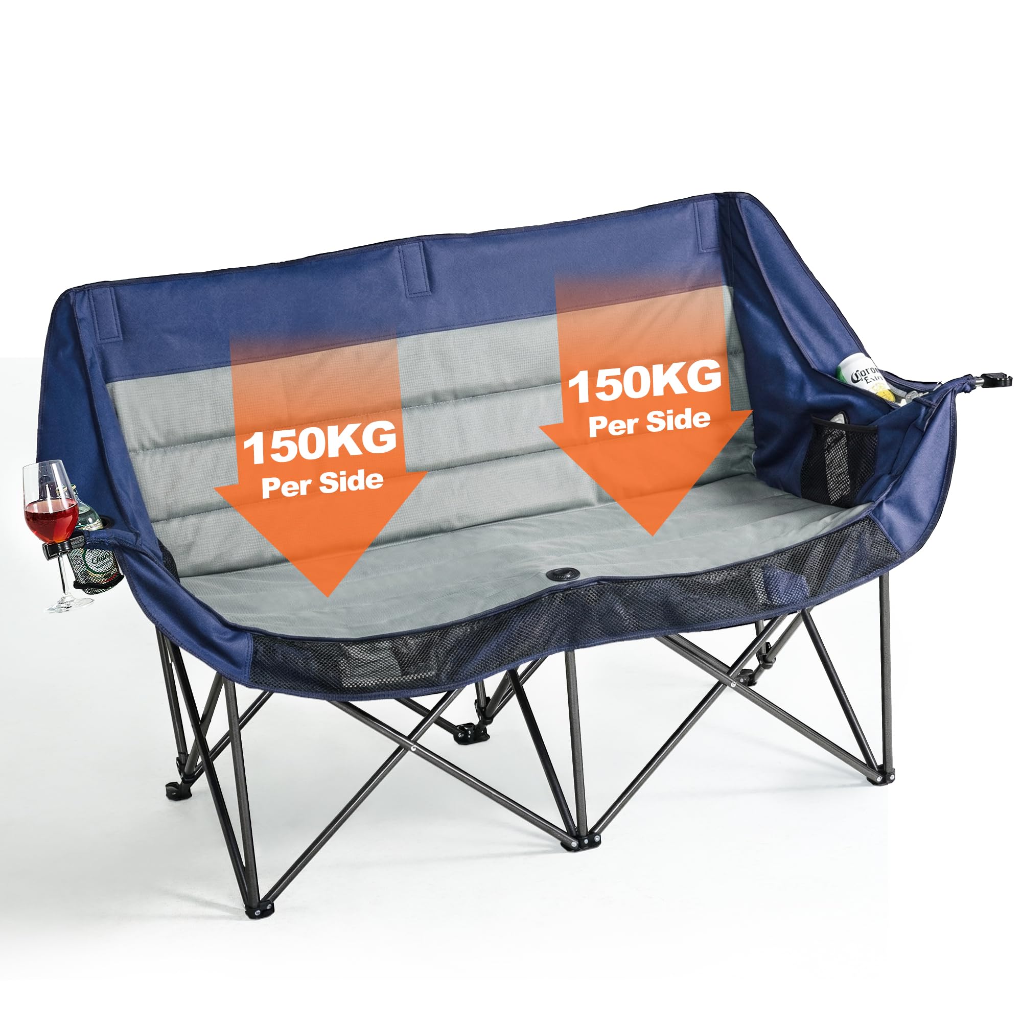 Coolfish Double Camping Chair for Adults, Folding Padded Camping Sofa, Sturdy Heavy Duty Camping Chairs, Luxury Oversized Loveseat w/Cup Holder, Comfy Outdoor Fishing Chair w/Cooler Pocket, Blue