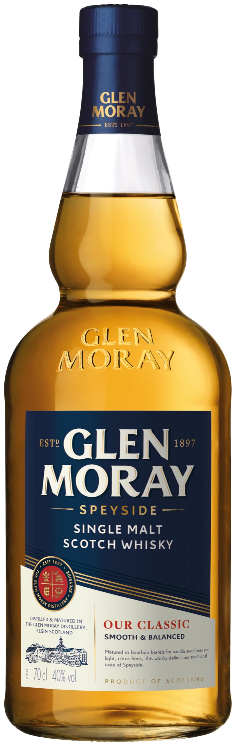 Glen MorayClassic single malt Scotch whisky 70cl 40% ABV, Speyside region whisky matured in ex-Bourbon casks. Distilled and matured in Elgin, Scotland