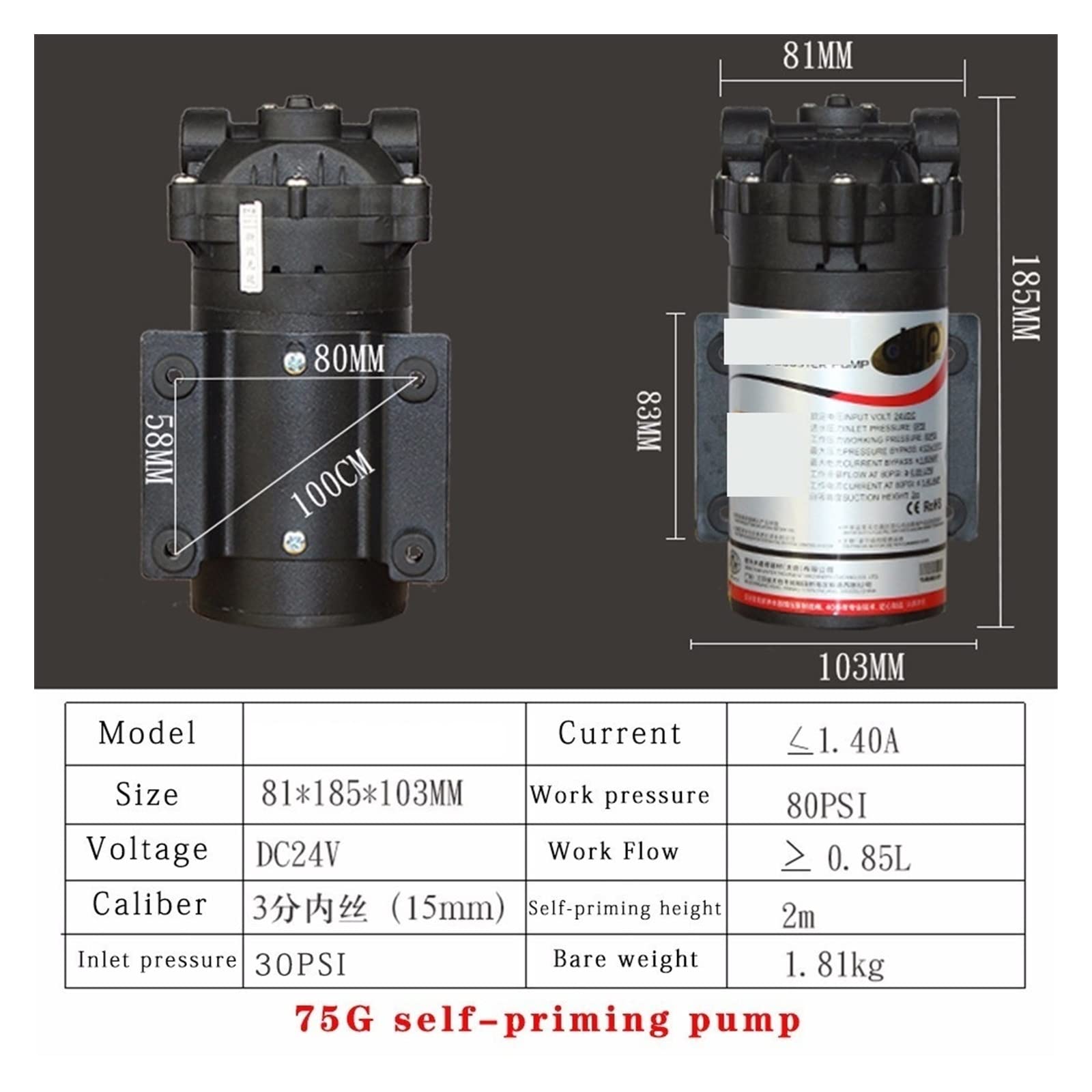 Piezas de filtro de agua DC24V 80PSI bomba de refuerzo de filtración de agua 75 purificador de agua máquina de ósmosis inversa bomba autocebante(75G Booster)