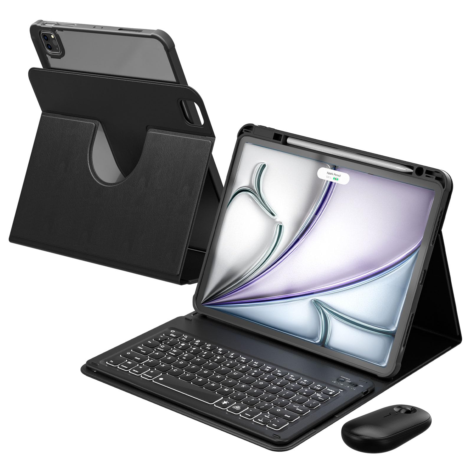 YBING for iPad Air 13 Inch &amp; Pro 12.9 Case with Keyboard and Mouse, 7 Colors Backlit Detachable Keyboard &amp; 360° Rotating Cover (iPad Placed Horizontal or Vertical) with Pencil Holder (Black)