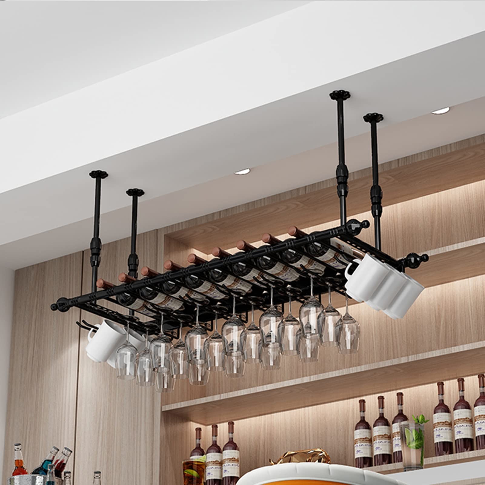 Étagère de rangement en verre à l'envers et vin suspendu, métal rétro chic 100 cm
