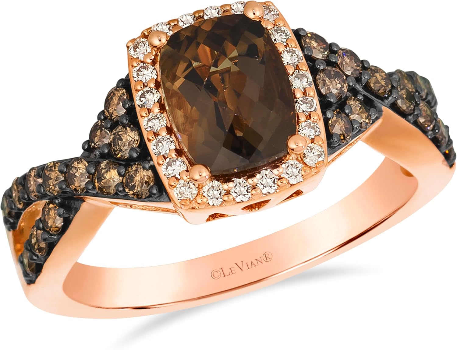 Le Vian 2/3 Carat White and Chocolate Diamond Ring for Women | 14k Rose Gold Statement Ring 1 1/6 Carat Cushion Cut Smoky Quartz (Brown/White, 0.68 cttw) Promise Wedding Anniversary Band Size 5 to 8.5