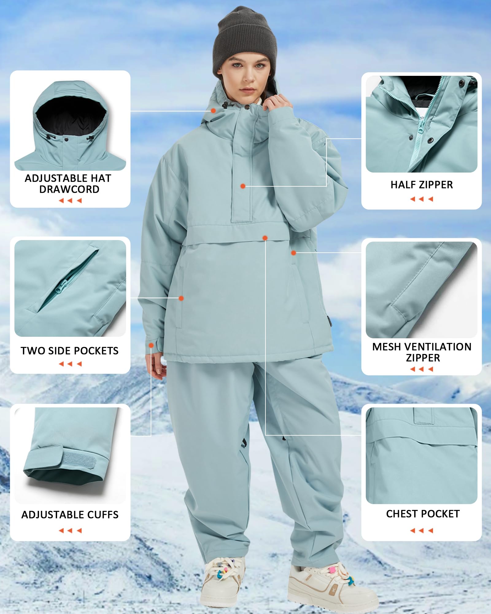 BUMDEEP Giacca da sci da donna, impermeabile, calda, invernale, giacca a vento con cappuccio, giacca da snowboard spessa