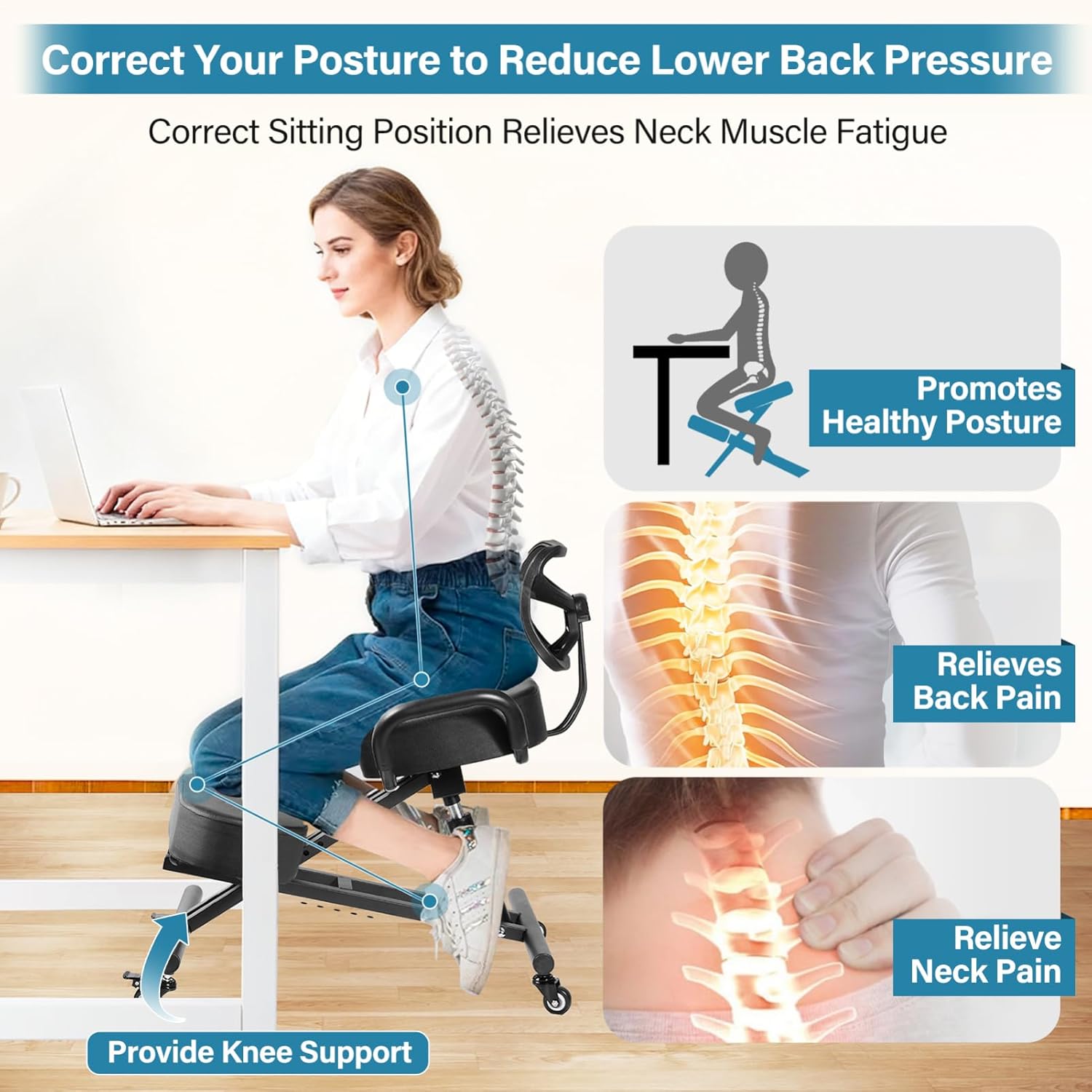 Kneeling Chair, Ergonomic Kneeling Chair with Back Support, kneelings Office Chairs with Adjustable Height and Lumbar Support for Banking Meeting Room Office Home Reception,Improve Postures