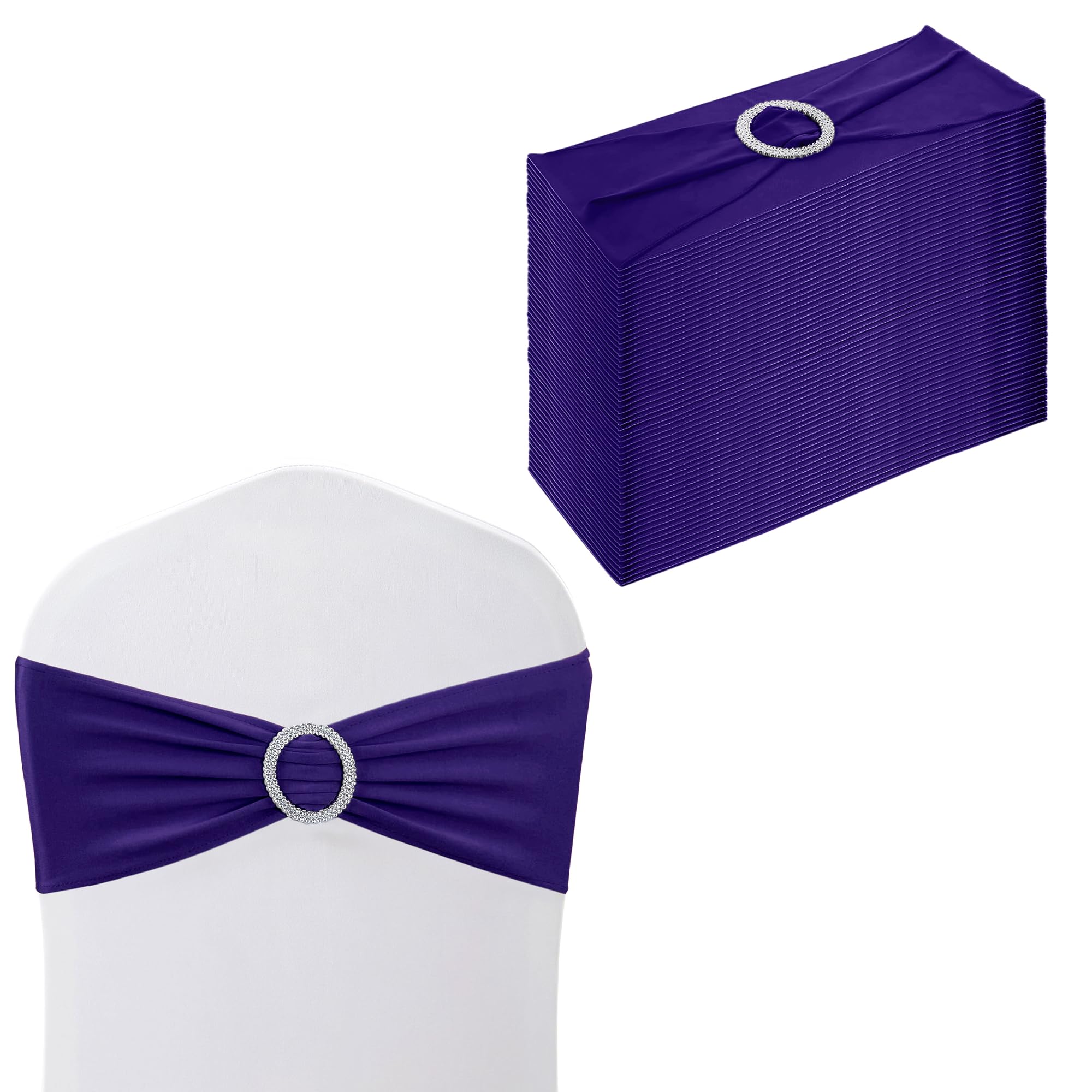 Trimming Shop 13"x5" Spandex Chair Bands with Slider Buckle – Stretchy Elastic Chair Sash, Chair Cover Bands for Wedding, Party, Reception, Banquet, Event & Venue Décor (Pack of 50, Purple) — image 1