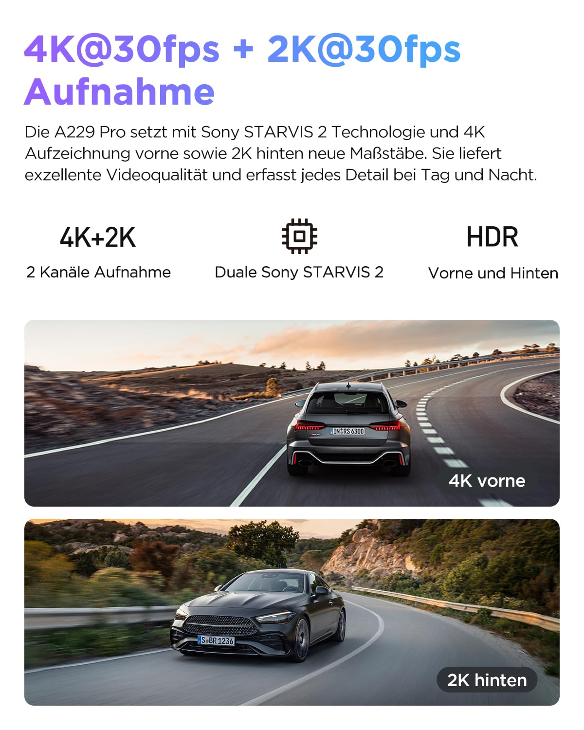 VIOFO A229 Pro 4K + 2K Dual STARVIS 2 HDR Dashcam Auto, Sprachsteuerung & 5GHz Wi-Fi, GPS mit CPL Filter, Super Nachtsicht 2.0, bis 512 GB