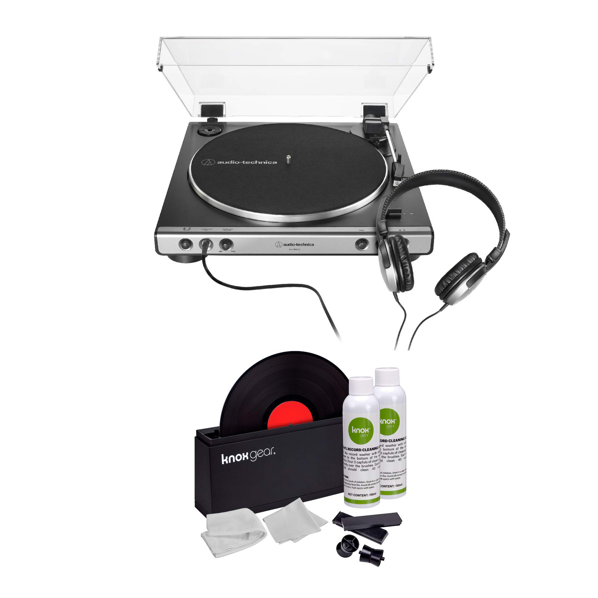 Audio-Technica AT-LP60X Stereo Turntable with Headphones (Gunmetal) and Knox Gear Vinyl Record Clean