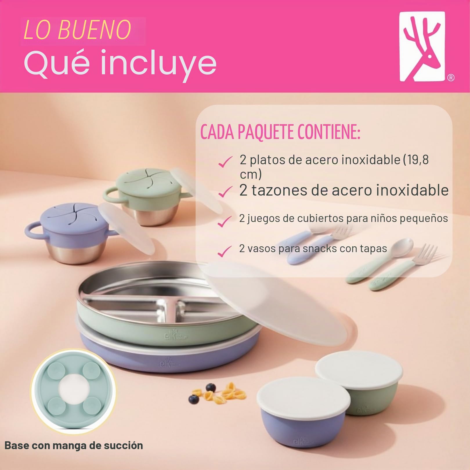Elk and Friends Paquete de comida de acero inoxidable para niños | Platos, cuencos, tazas de aperitivos + utensilios para niños pequeños | Mangas de succión de silicona + tapas de almacenamiento de