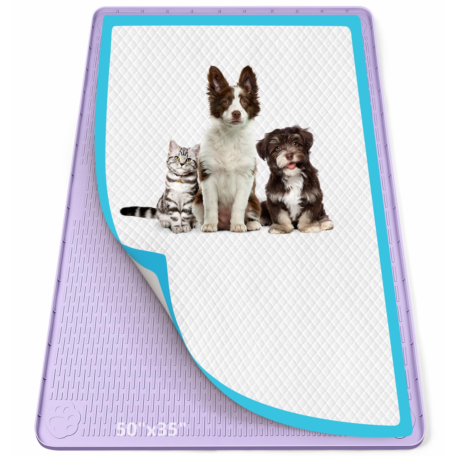 Bartuke Pee Pad Holder for Dogs, 50" x 35" Silicone Pee Tray Mat Leak-Proof, High Edge, No Spill Pet Pad Holder for Puppy, Cat, Rabbit, Training Pads for Floor Protection, No Pee Pads (Purple)