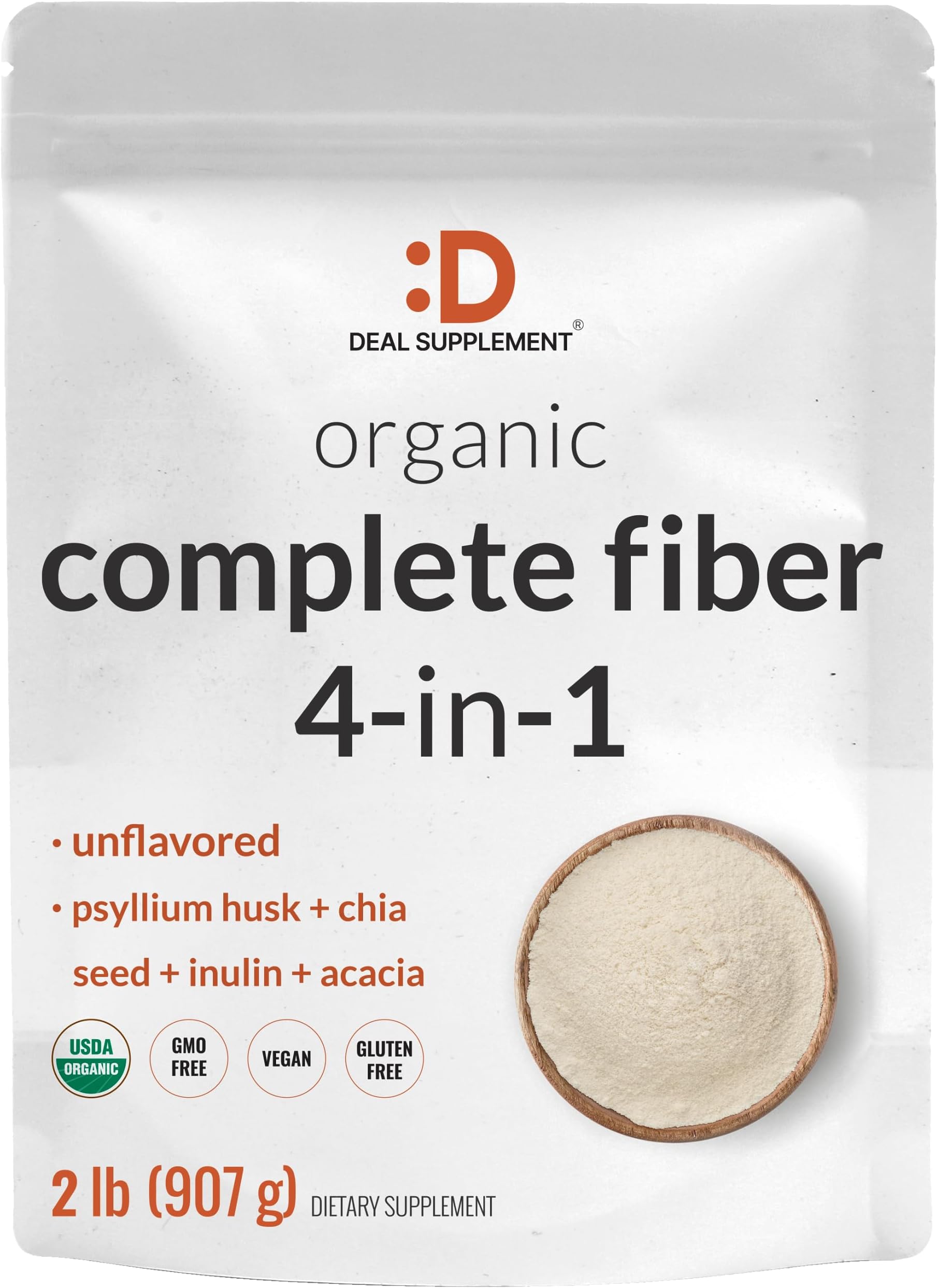 DEAL SUPPLEMENT Organic Fiber Powder Supplement, 2lbs – with Psyllium Husk, Chia Seed, Inulin, & Acacia – Daily Fiber for Adults – Rich in Prebiotics for Gut & Digestive Health – Unflavored, Non-GMO