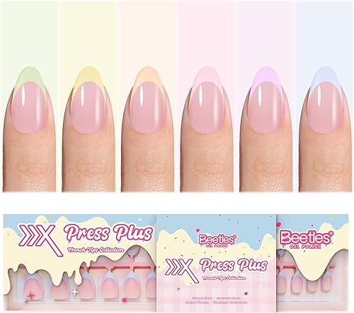 Beetles French Tips Press On Nails, Pastel Spring Nails Short Almond 6 Colors 192 Pcs, Spring Fake Nail Tips, Pink Blue Green Soft Gel Nails False Nails Art DIY For Women