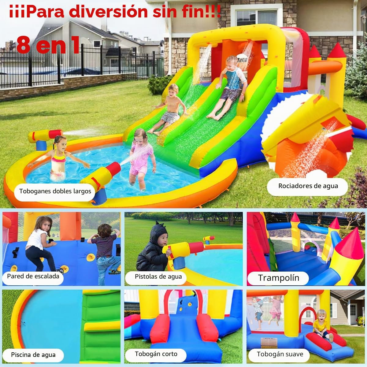 Ballsea Castillo Hinchable Infantil sin soplador, tobogán seco/de Agua, Capacidad 6 niños/200kg, L6.28 x A2.93 x H1.95m (sin soplador)