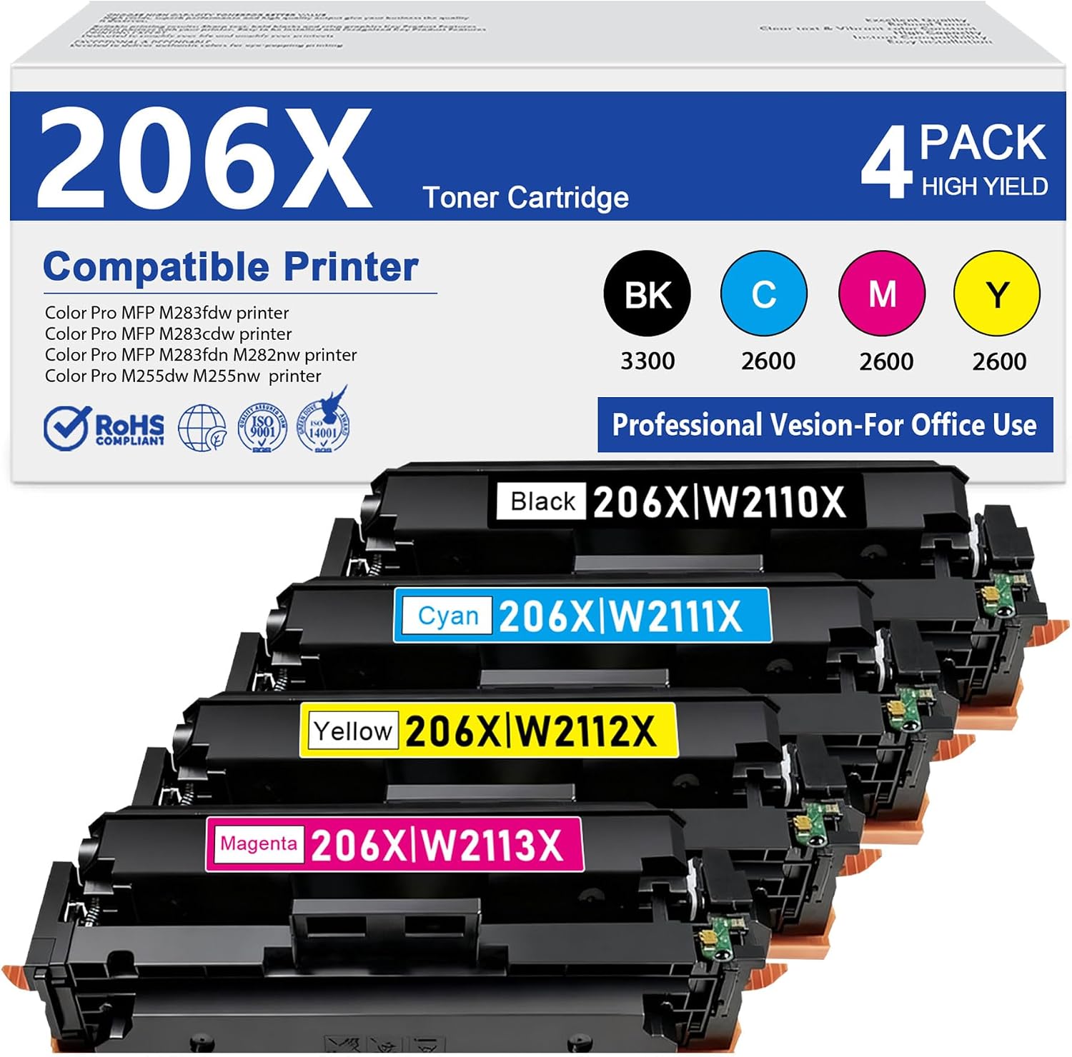 206X Toner Cartridges 4 Pack Set (B/C/Y/M): MFP M283cdw M255dw M283fdw Compatible Replacement for HP 206X 206A for Color Pro MFP M283fdw M283cdw M283fdn M282nw Pro M255dw M255nw Printer, High Yield