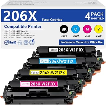 Replacement for HP 206X Toner Cartridges 4 Pack Set B/C/Y/M | MFP M283cdw M255dw M283fdw 206X 206A for Color Pro MFP M283fdw M283cdw M283fdn M282nw Pro M255dw M255nw Printer