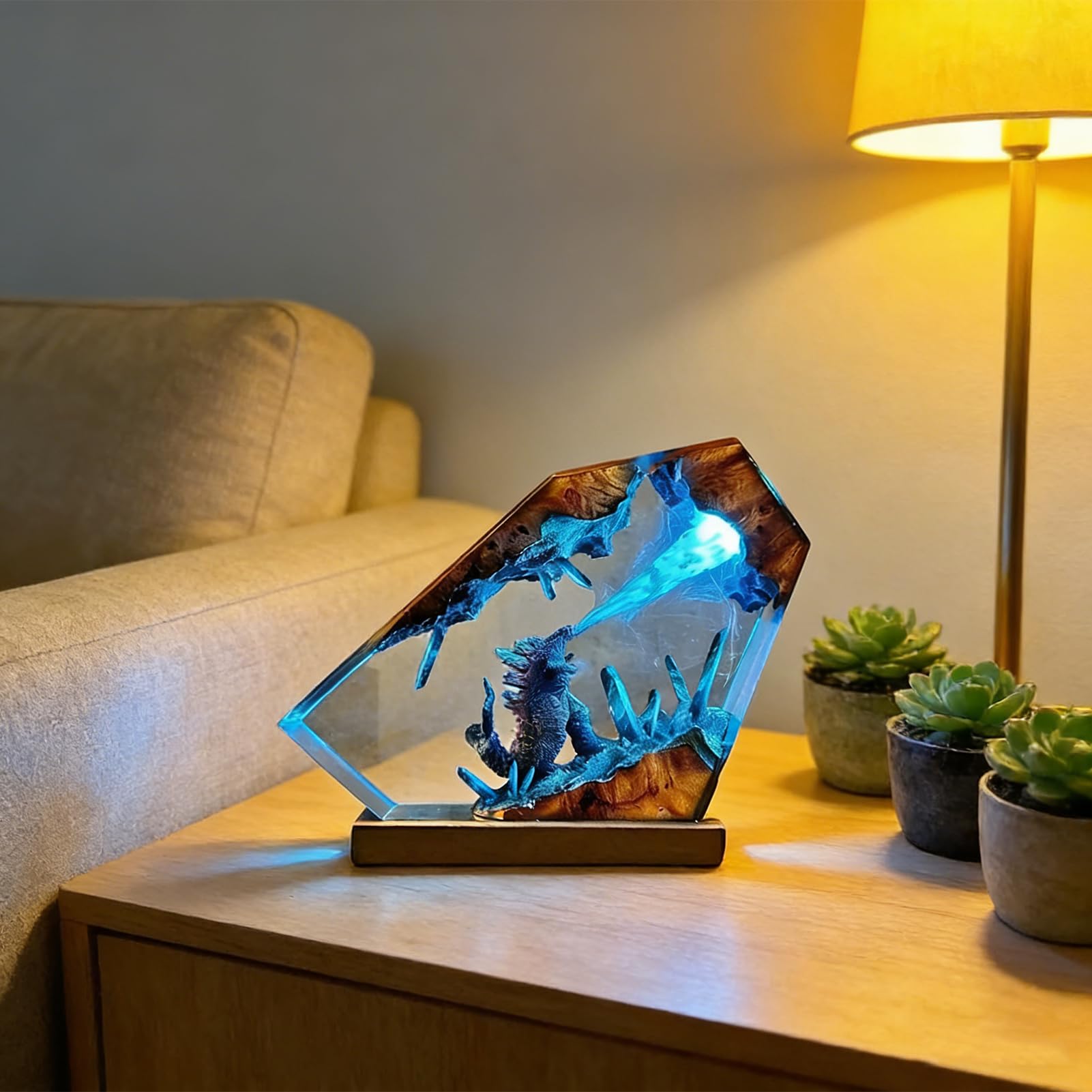 Epoxidharz Godzilla Nachtlicht,Harz Ozean Tier Figuren Nachtlicht Ornamente,Godzilla Würfel Dekoration,mit Holz Sockel USB-Kabel Marine Statue Dekoration,für Wohnzimmer Schlafzimmer (Stil-4)