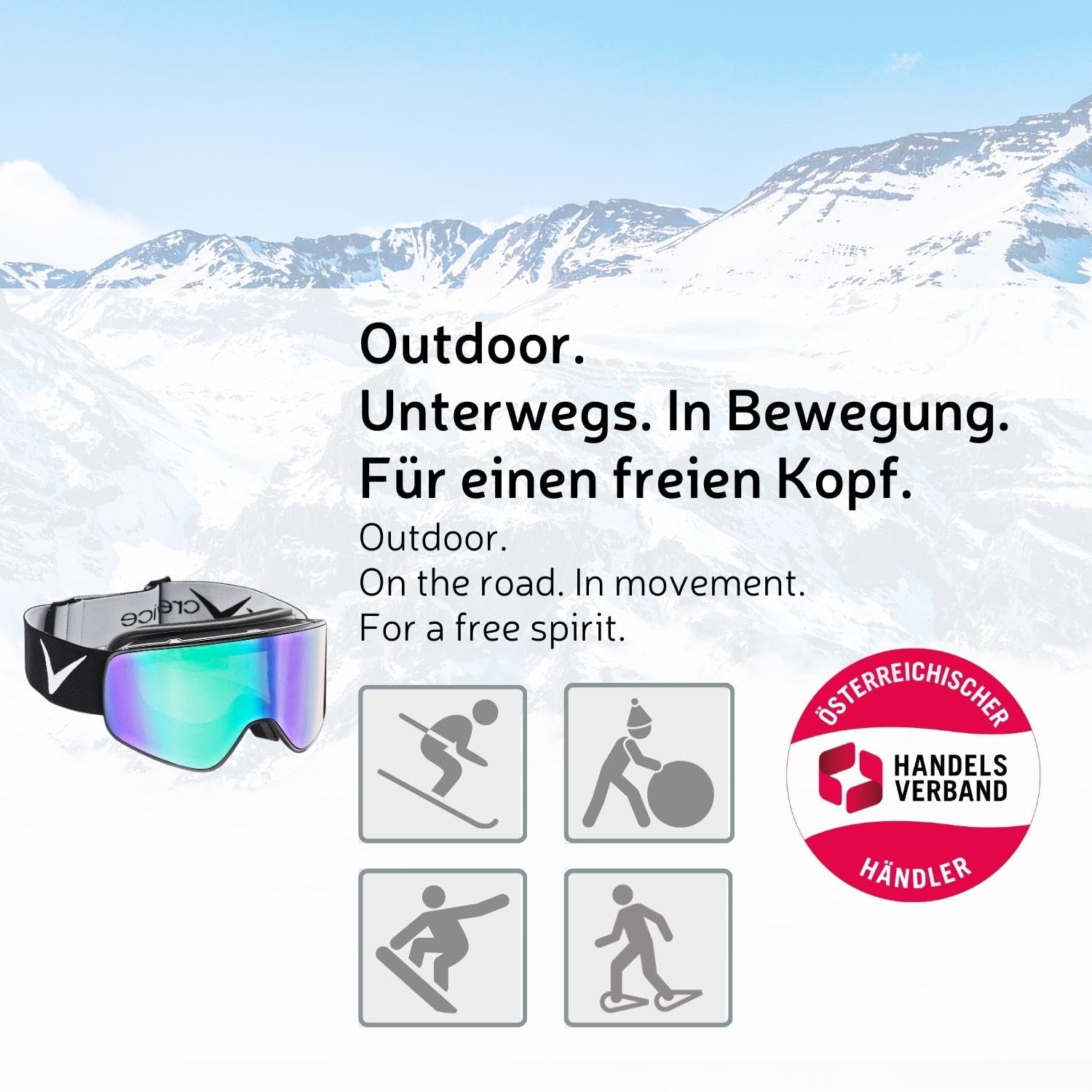 Black Crevice Skibrille im Frameless Design I Ski-Brille I wechselbare Scheibe I bruchfeste Doppelscheibe I Anti-Fog-Beschichtung & UV 400 Schutz I größenverstellbar
