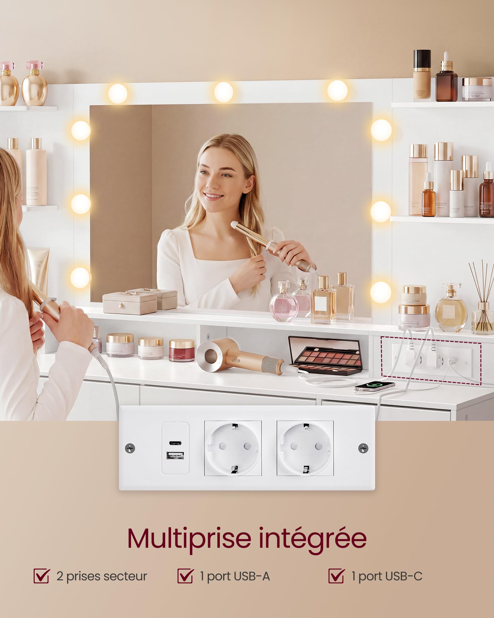 VASAGLE Coiffeuse avec Miroir et LED, 10 Tiroirs, Station de Charge