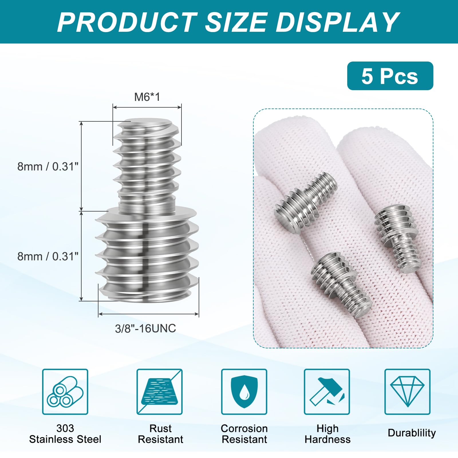 PATIKIL M6 to 3/8"-16UNC Double End Threaded Stud Screw Bolt - Image 2