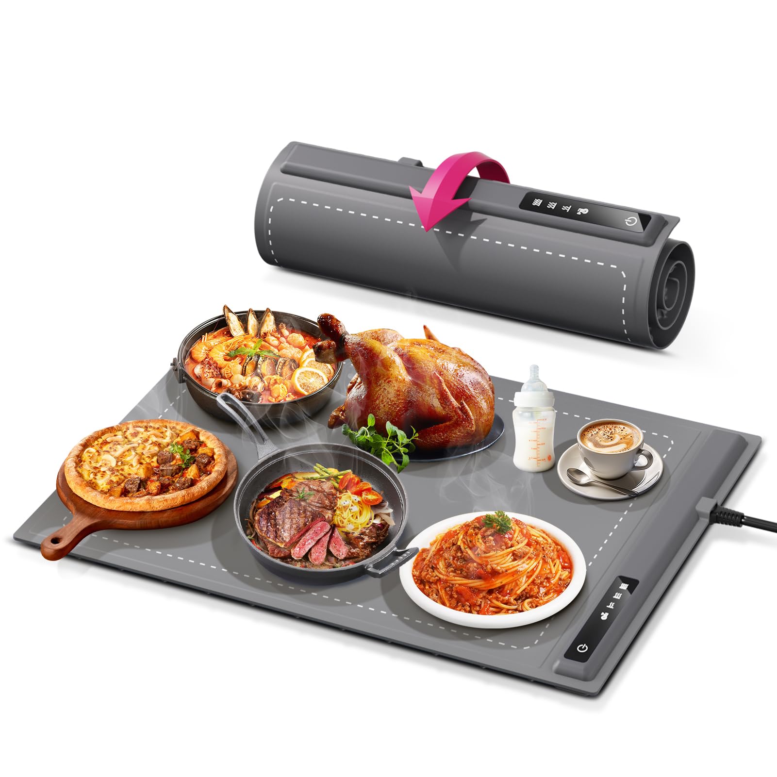 Food Warming Mat - Fast & Full Surface Heating, Silicone Heat Pad with 3 Adjustable Temperature for Buffets Parties, Rollable Electric Warming Tray,Kitchen Heated Plate,Countertop Food Warmer (Gray)