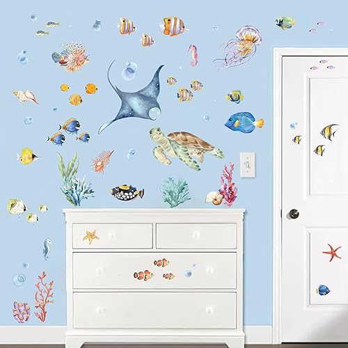 Miniatura 3 de wondever Pegatinas de pared bajo el mar, peces tropicales del océano para despegar y pegar, calcomanías artísticas para la pared del bebé, cuarto de