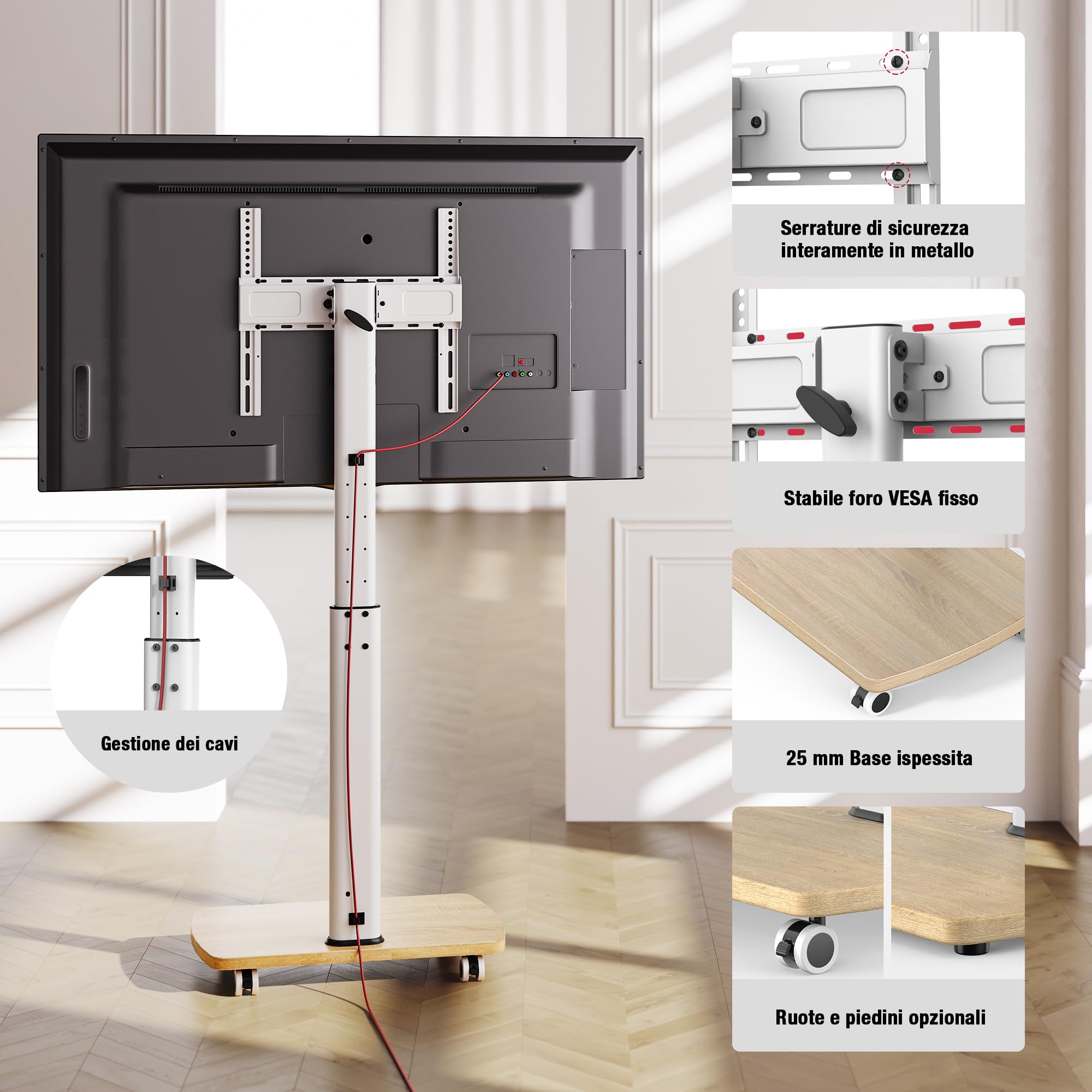 AOKCOS Carrello Porta TV con Ruote per 32-65 Pollici, Orizzontale e Verticale Supporto TV da Pavimento con Base in Legno, Inclinabile e Regolabile in Altezza, Max VESA 400x400mm 30kg
