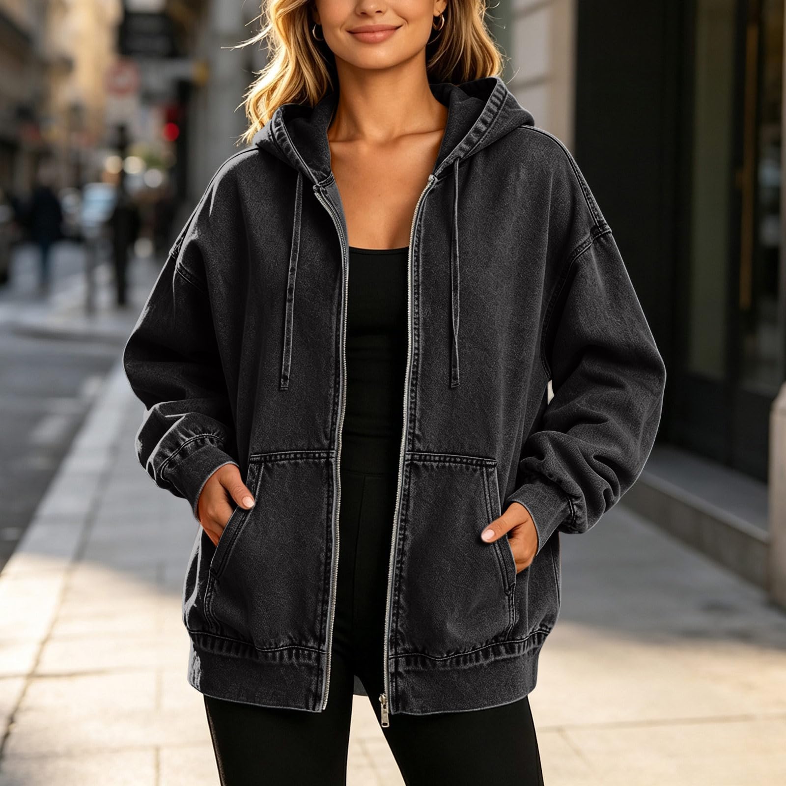 Giacche di jeans da donna vintage oversize con zip con cappuccio cappotto di jeans da donna primavera autunno casual felpe con cappuccio larghe leggere giacca da camionista per il tempo libero