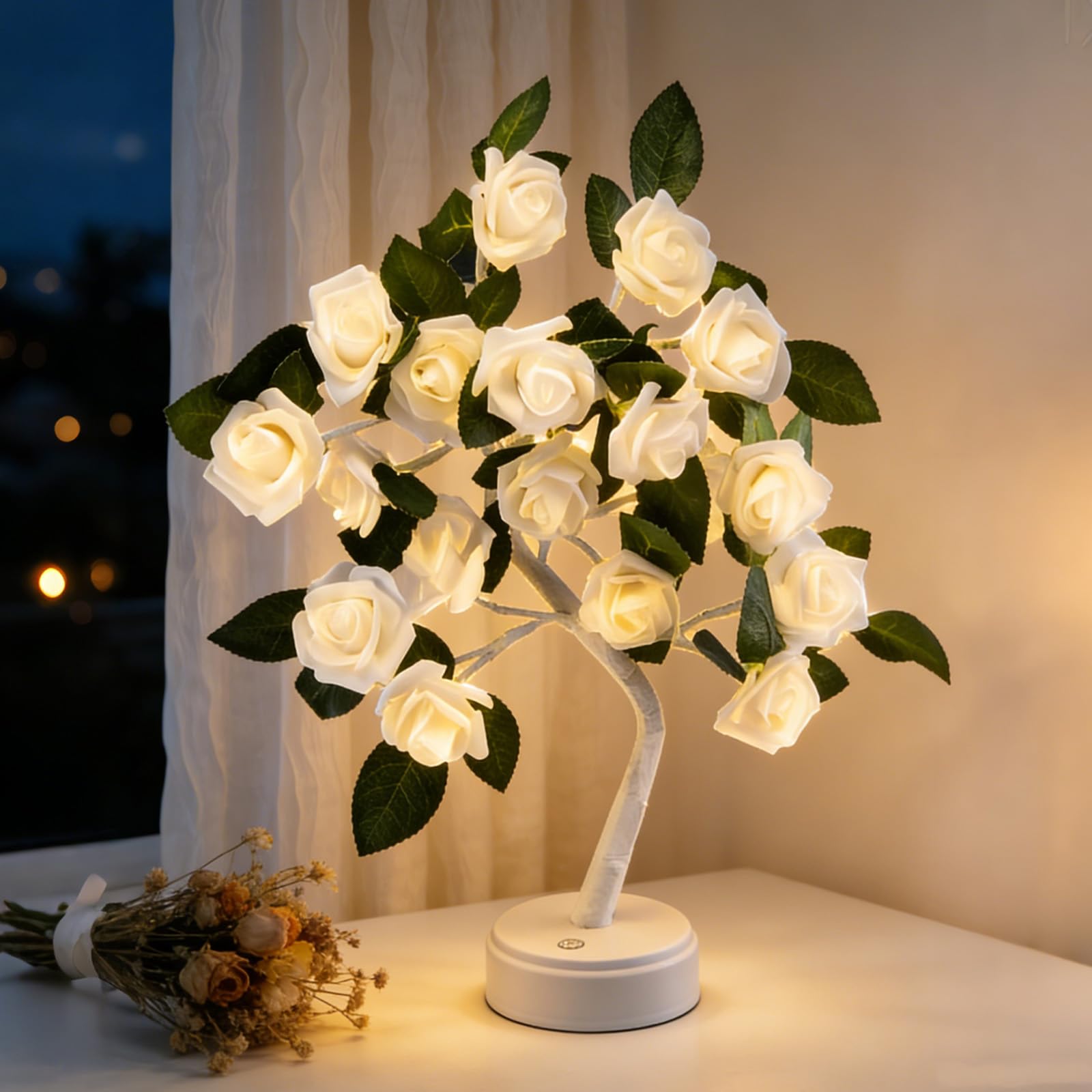 ANSUG 18LEDs White Rose Flower Tree Lamp, LED Rose Tree Table Lamp, Flower Night Light, Cute Fairy Light up Flower for Bedroom Living Room Party Decor