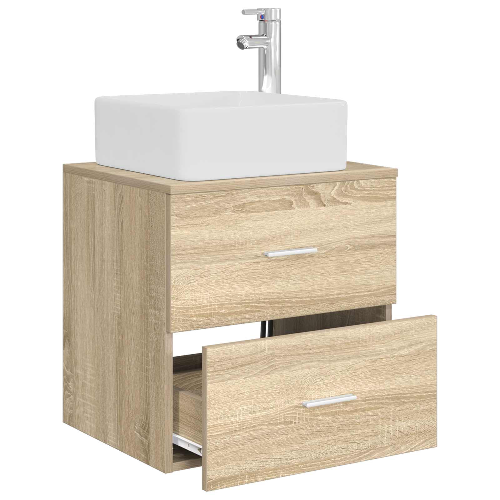 Lavabo da parete in rovere Sonoma con lavandino, 53 x 34,5 x 63 cm, mobile da bagno in legno con cassetti, ripiano e maniglie argentate, per ospiti WC e bagno
