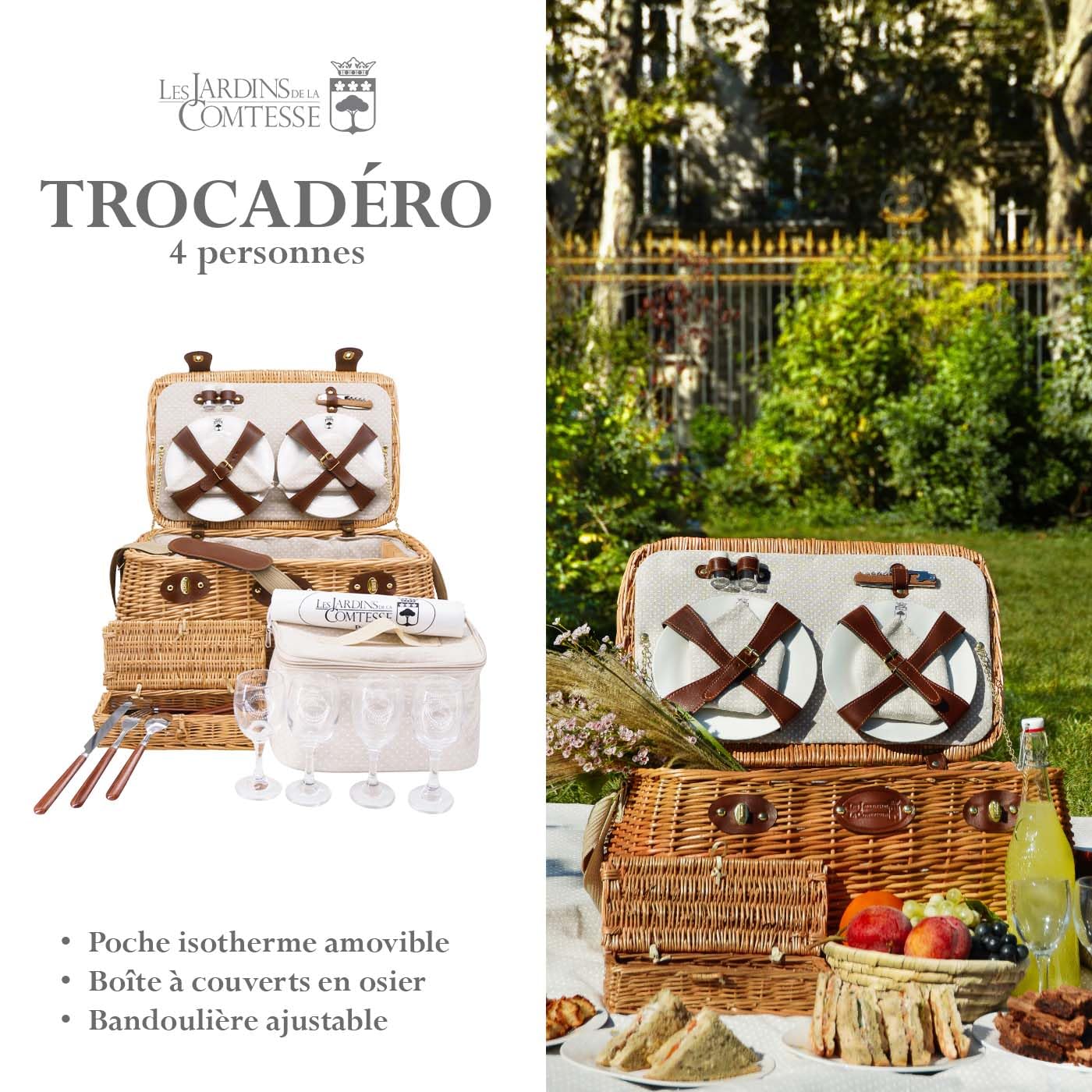 Les Jardins de la Comtesse - Cestino da Picnic Trocadero - Completo/4 Persone - Scomparto Rimovibile - Piatti in Ceramica/Bicchieri da Vino in Vetro - Tessuto a Punti Beige e Bianchi - 50 x 33 x 25 cm