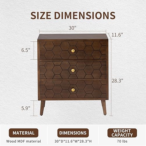 Miniatura 50 de COSIEST Mesita de noche, mesa auxiliar rústica con 3 cajones, mesita de noche de madera vintage con patas sólidas, mesa auxiliar moderna para Patrón