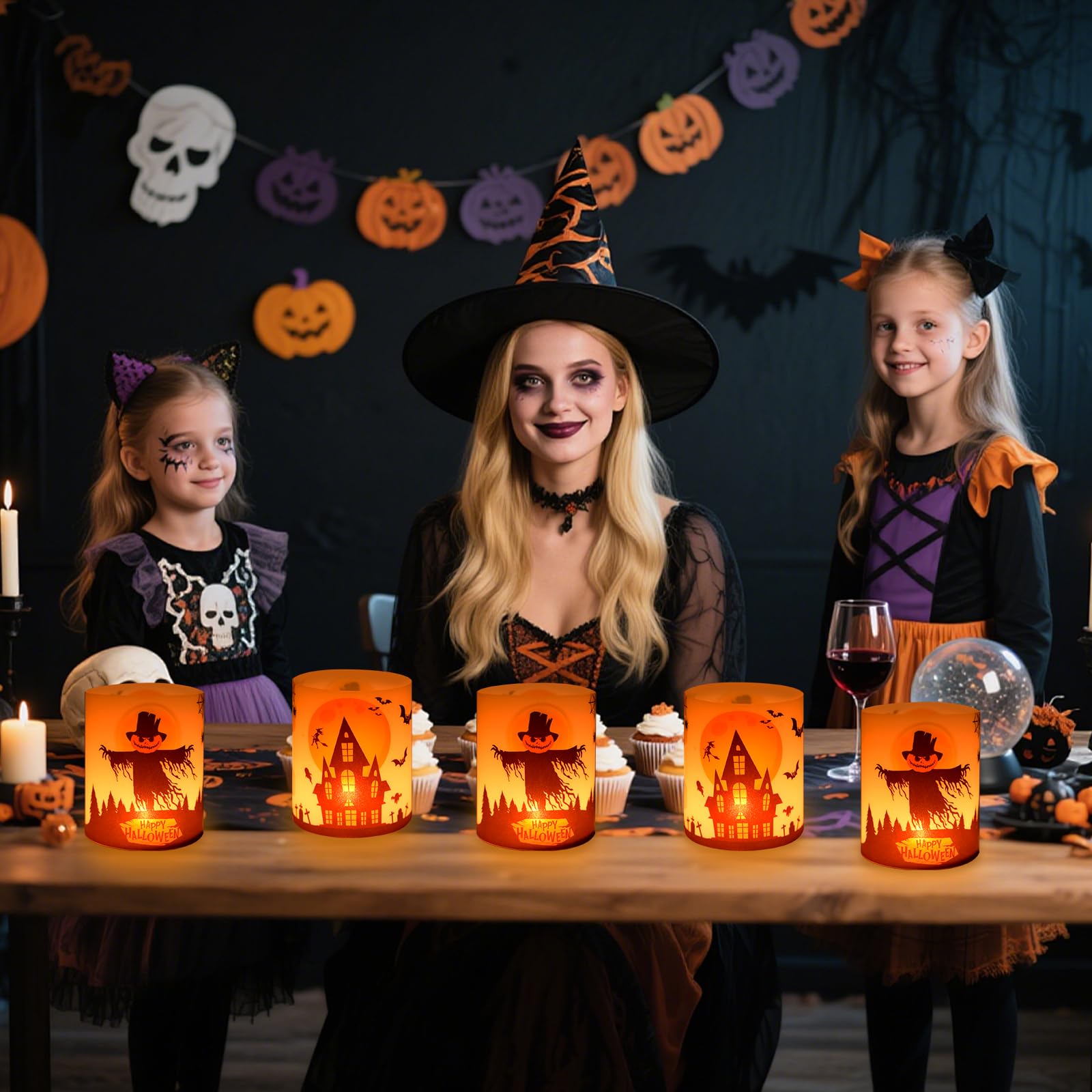 12 Pièces Lanterne Halloween Decoration Table, Decoration Halloween Interieur Et Exterieur Avec SorcièRe Citrouille Lune Chauve-Souris Toile D'araignée Convient Pour Bougies Chauffe-Plat