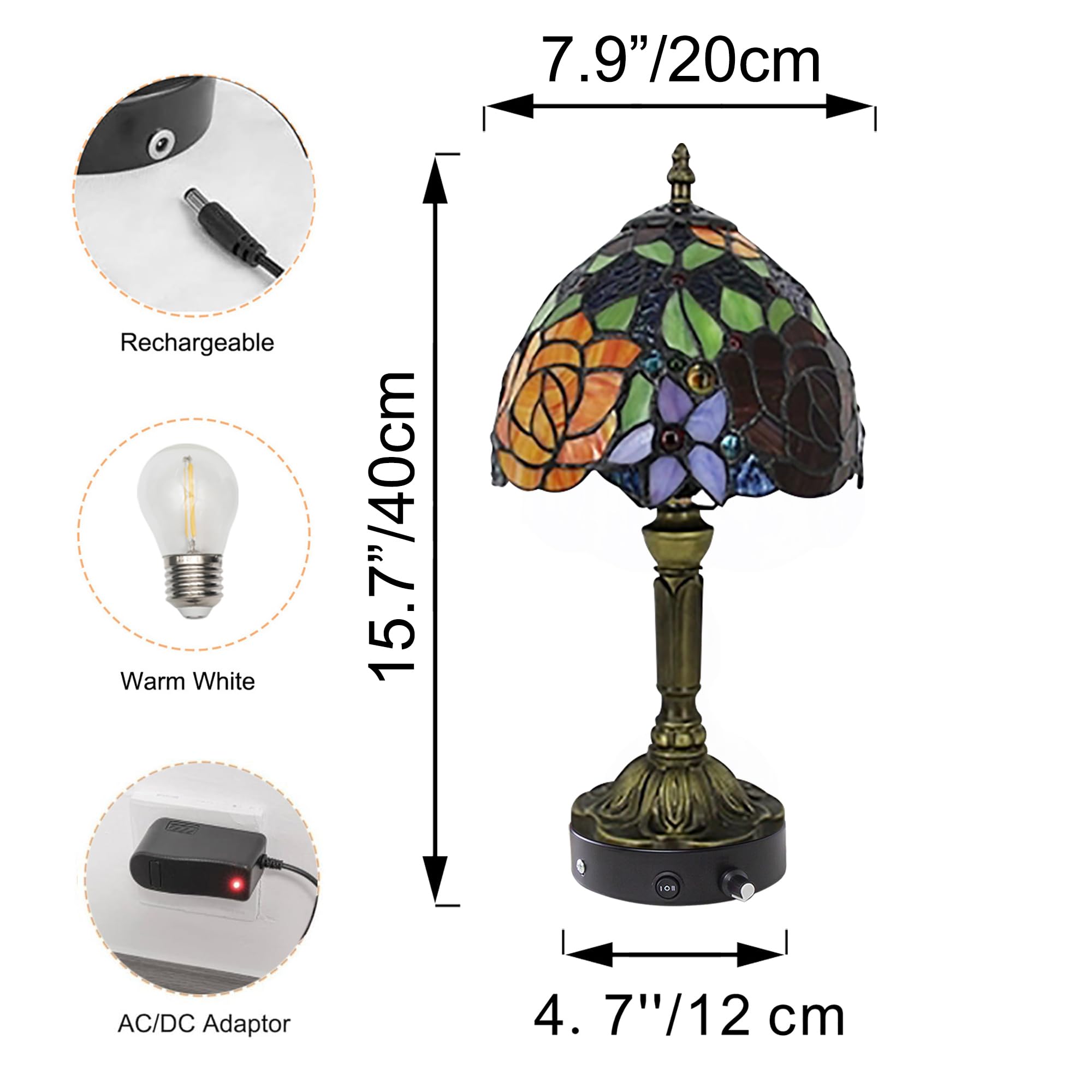 Tiffany-Stil Tischlampe Kabellos Warmweißes, Wiederaufladbar Tischleuchte, Dimmbar Nachttischlampe mit Glasschirm für Nachttisch Esszimmer Schlafzimmer -TD0934