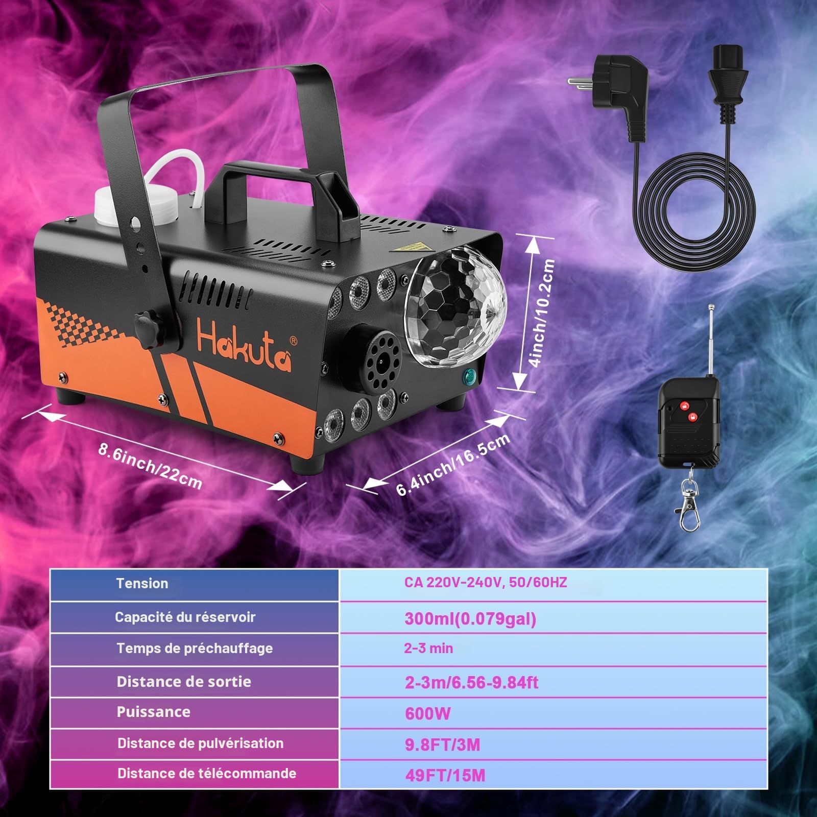 HAKUTA Machine à fumée avec boule disco lumineuse et lumières LED RGB, machine à fumée 2300 CFM Spray avec fonction Auto-Spray, idéal pour Halloween, Noël, mariages