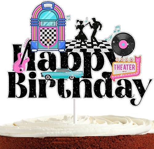 Decoración de pastel de cumpleaños de disco de los años 50 para niños y adultos de los años 50, suministros de fiesta de rock and roll hop,