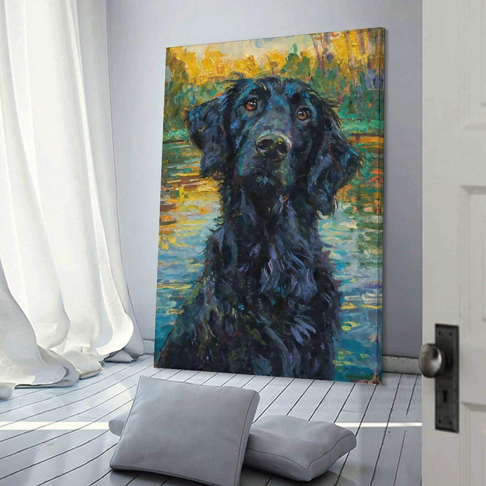 Junmoney Frame-Style-24 Decorative Wall Artwork Flatcoated Retriever Monet, 20X30inch(50X75cm), For Sofa Walls, Lounge Or Home Corners, Modern Wall Decor For Cosy Interiors