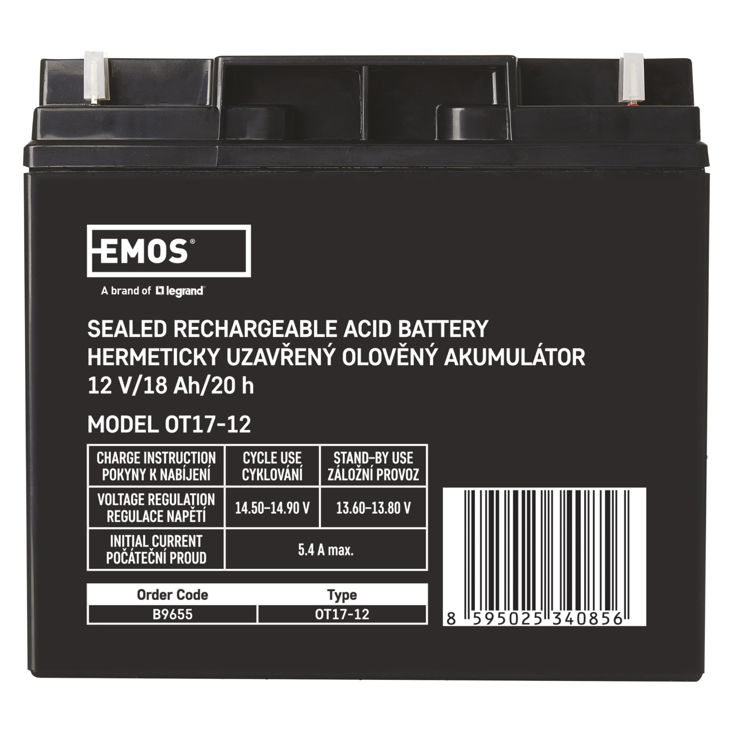 EMOS - Batterie au plomb sans entretien - 12V 18Ah - Batterie AGM - Pour éclairage de secours, systèmes d'alarme, appareils UPS - Contrôlé par valves, valves de sécurité - 181x77x167 mm