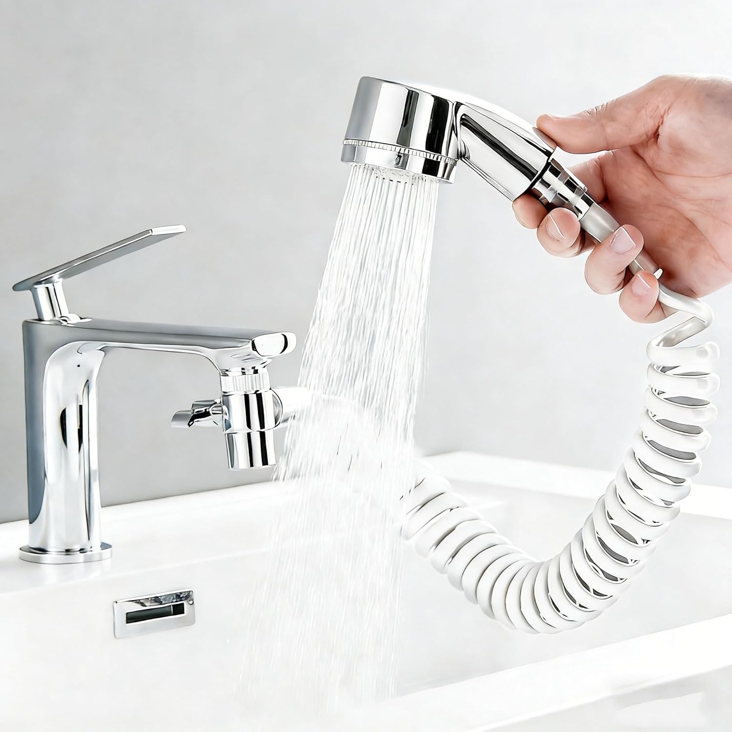 Faucet Extender Sprayer Adapter with Pull Up Showerhead and Flexible Coiled Hose for Washbasin Bathroom Sink Rinse Cleaning, Silver