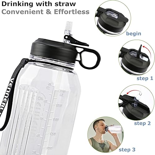 Miniatura 2 de VENNERLI - Botella de agua grande con pajilla, botellas de agua deportivas portátiles con asa de 2.2 litros, grandes jarras de agua de plástico sin