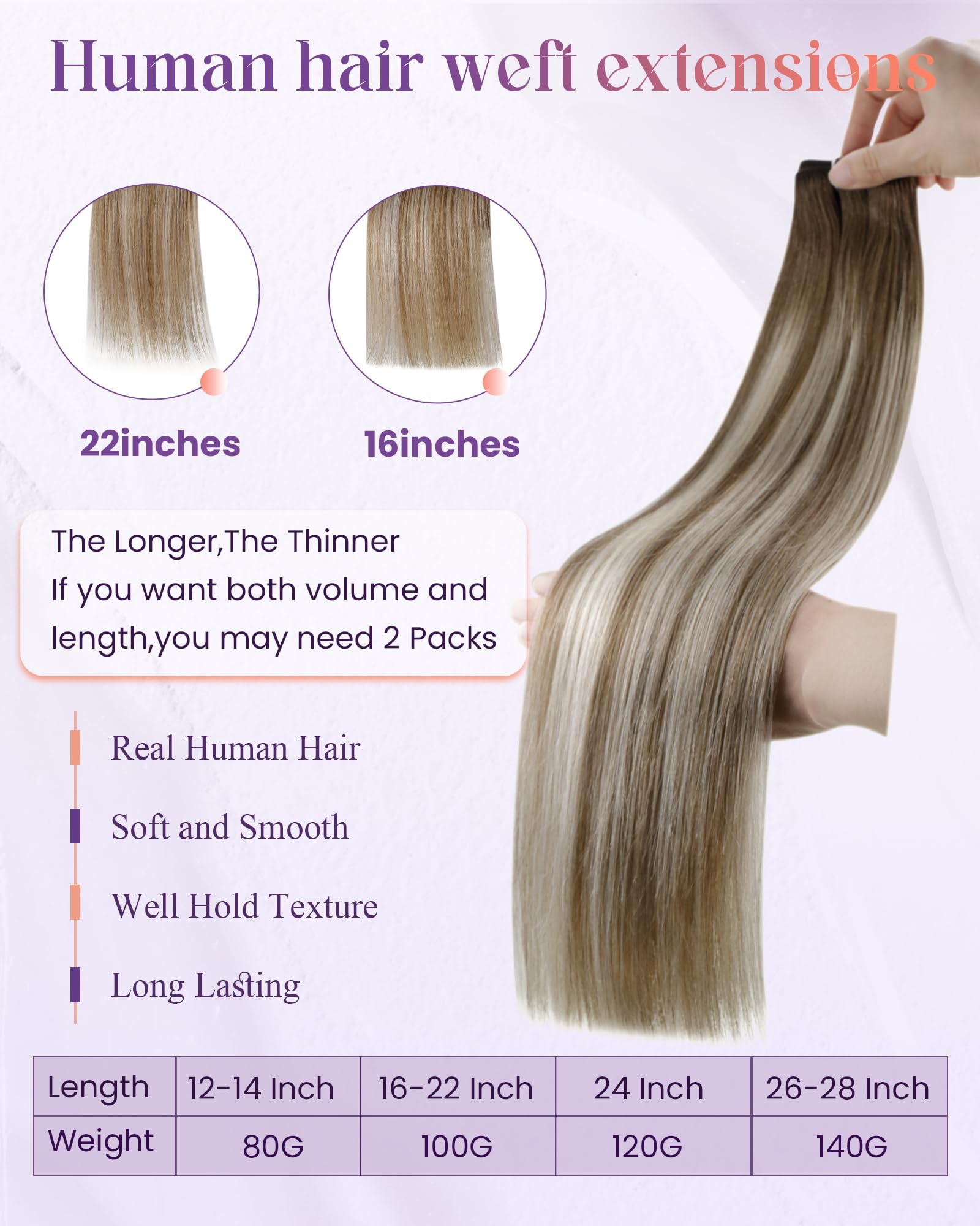LaaVoo Weft Hair Extensions Real Human Hair 100g 18 Inch Blonde Sew in Hair Extensions Full Head Straight Balayage Brown Remy Invisible Double Weft Weave #8/60/8 - Image 4