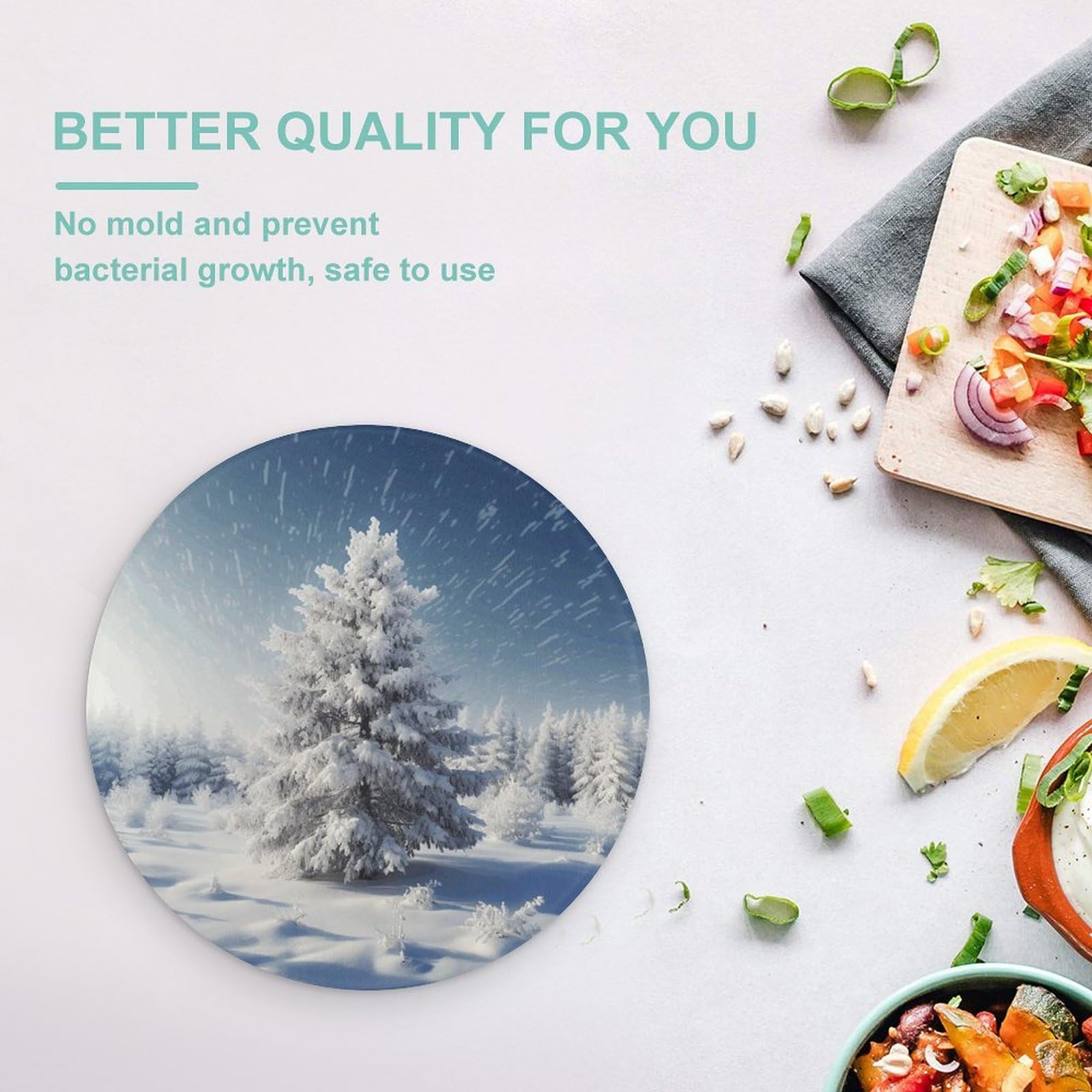 Tagliere rotondo natalizio con albero di pino neve, facile da pulire, taglieri per cucina di grandi dimensioni 7,9, taglieri essenziali da cucina, comodo per carne e verdure